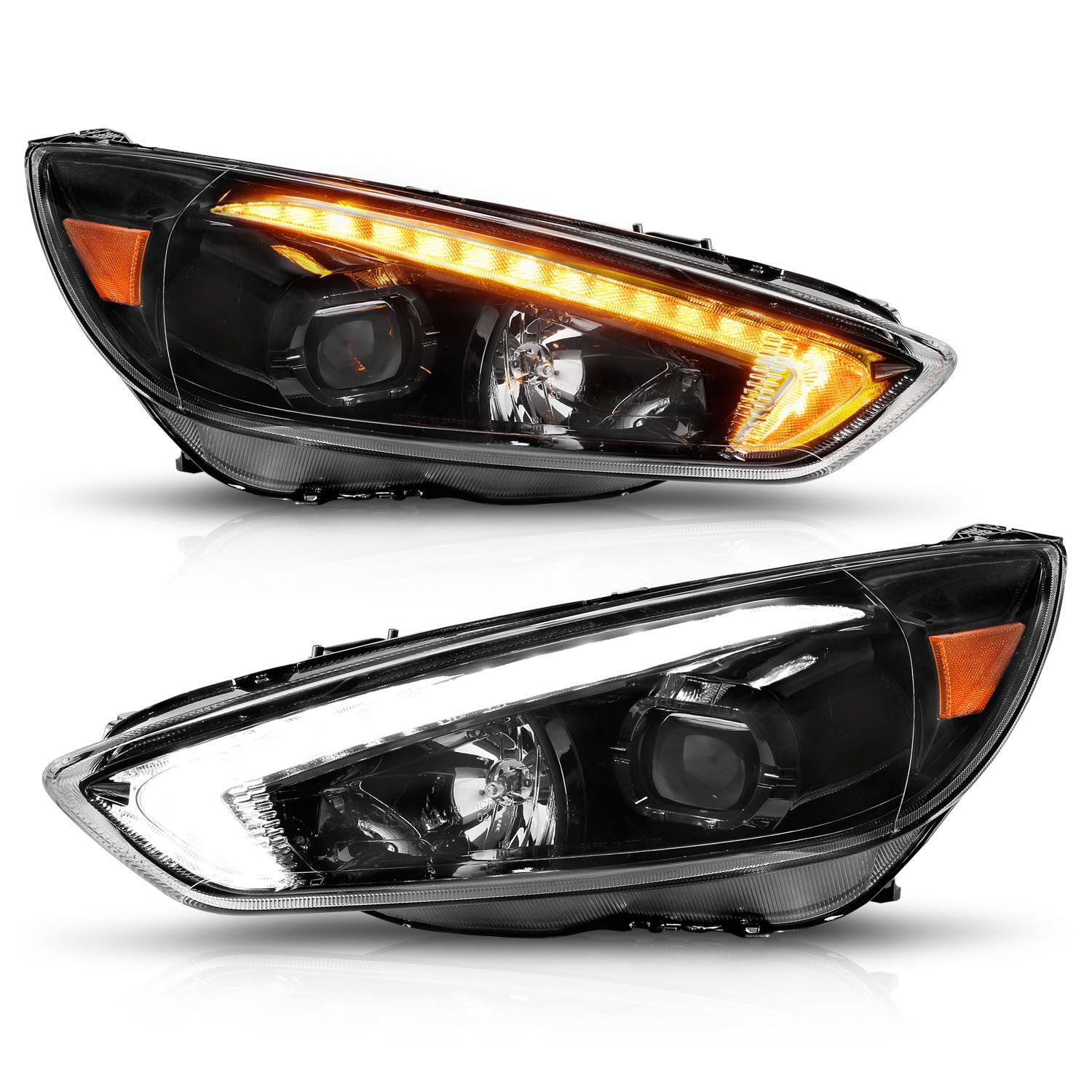 2015-2018 Ford Focus Anzo Projector Headlights W/ Light Bar Switchback Black Housing W/ DRL - 121564