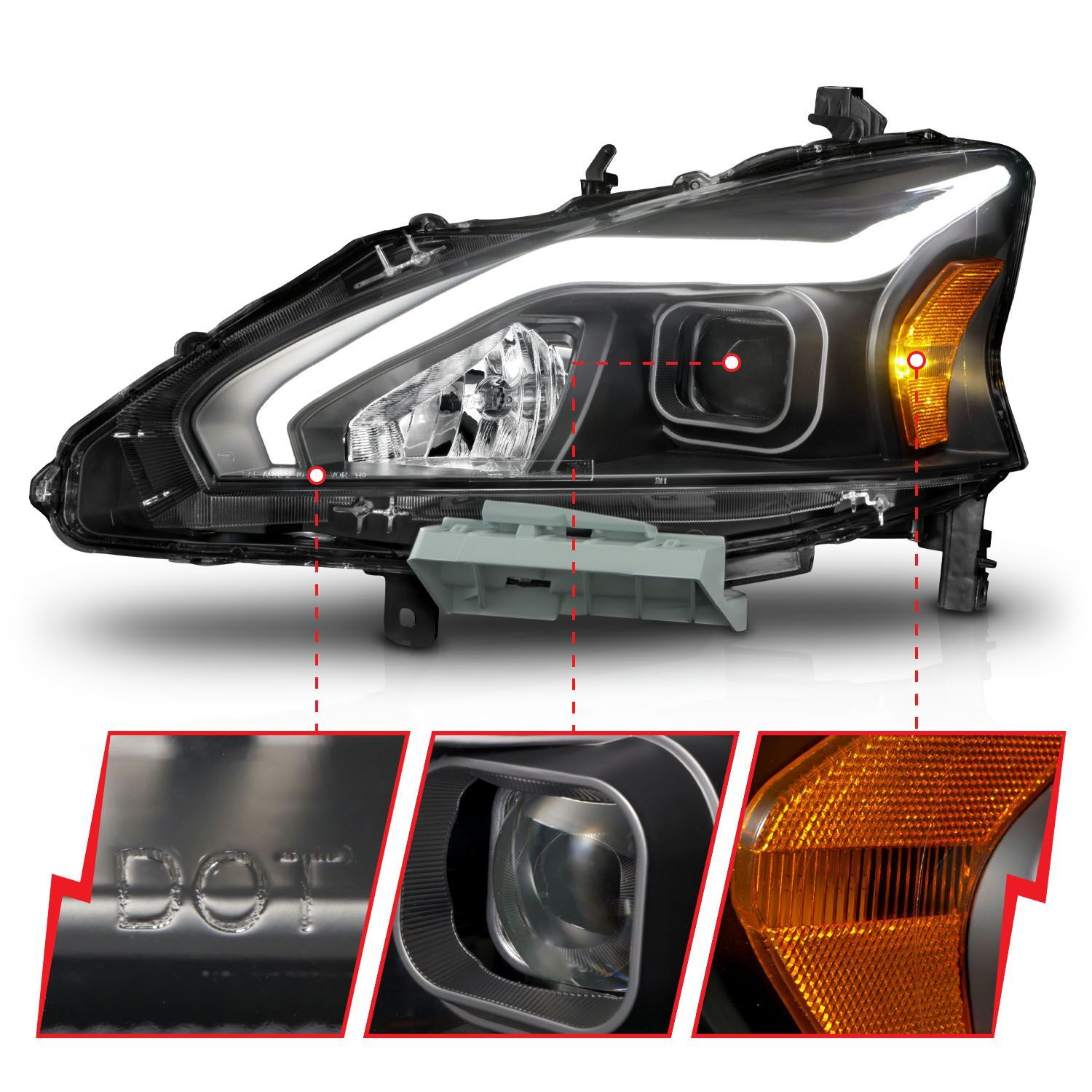 2013-2015 Nissan Altima 4DR Anzo Projector Headlights W/ Light Bar Black Housing