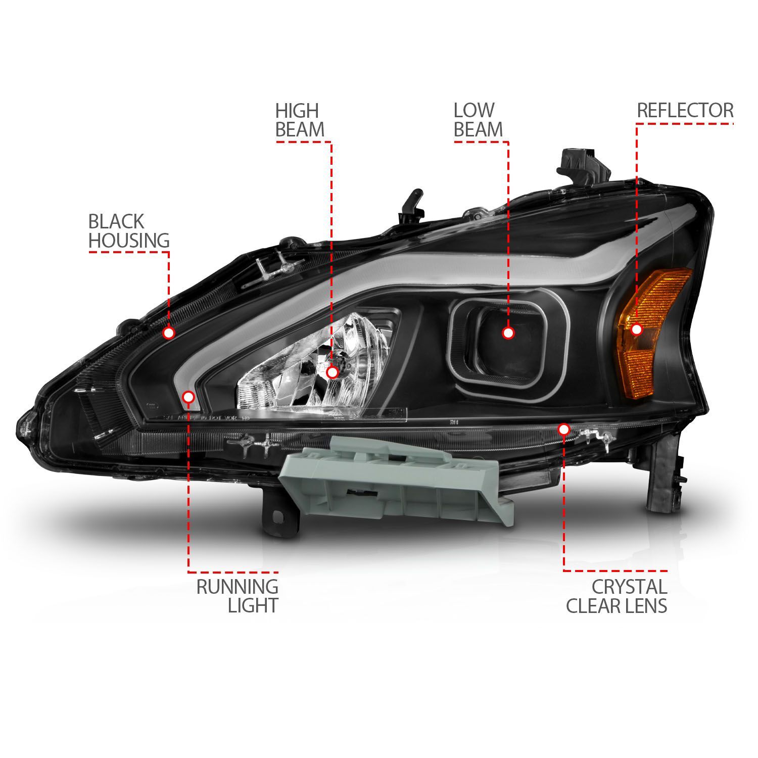 2013-2015 Nissan Altima 4DR Anzo Projector Headlights W/ Light Bar Black Housing