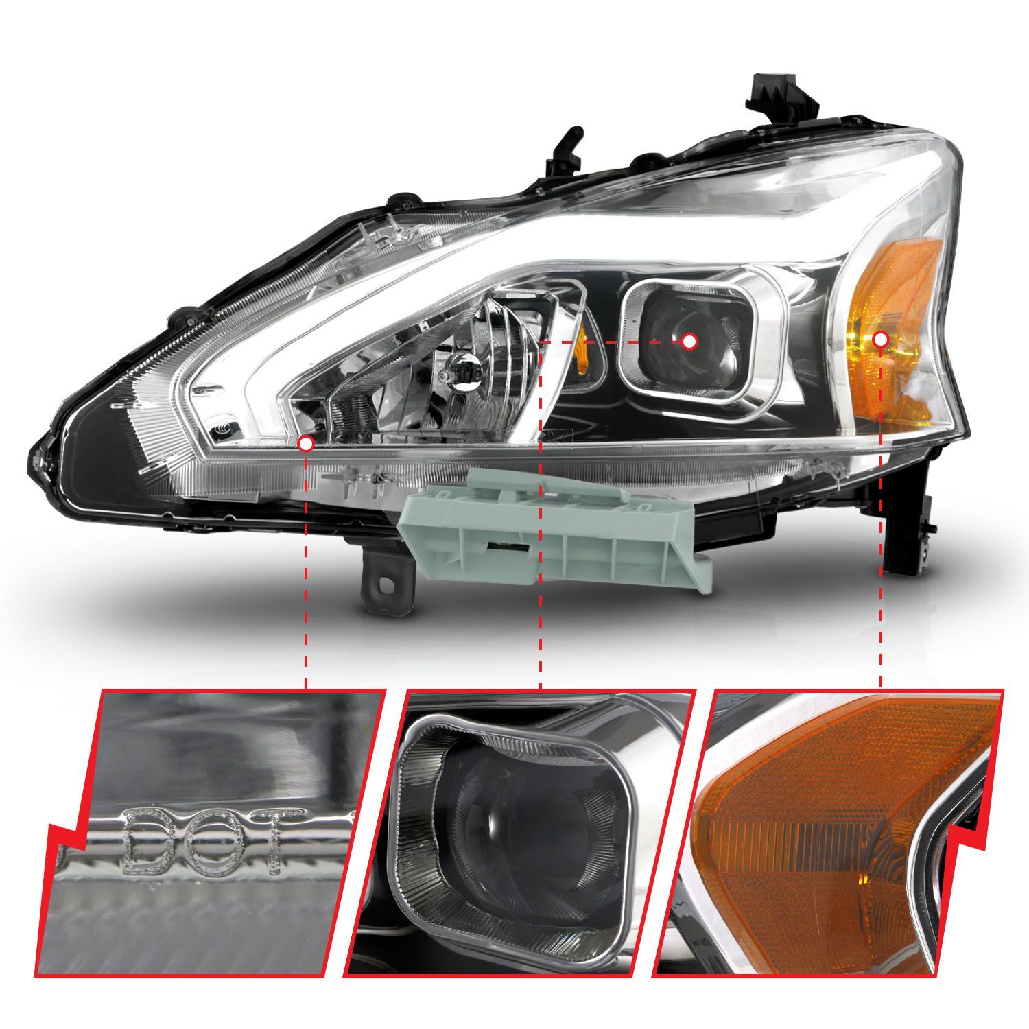 2013-2015 Nissan Altima 4DR Anzo Projector Headlights W/ Light Bar Chrome Housing