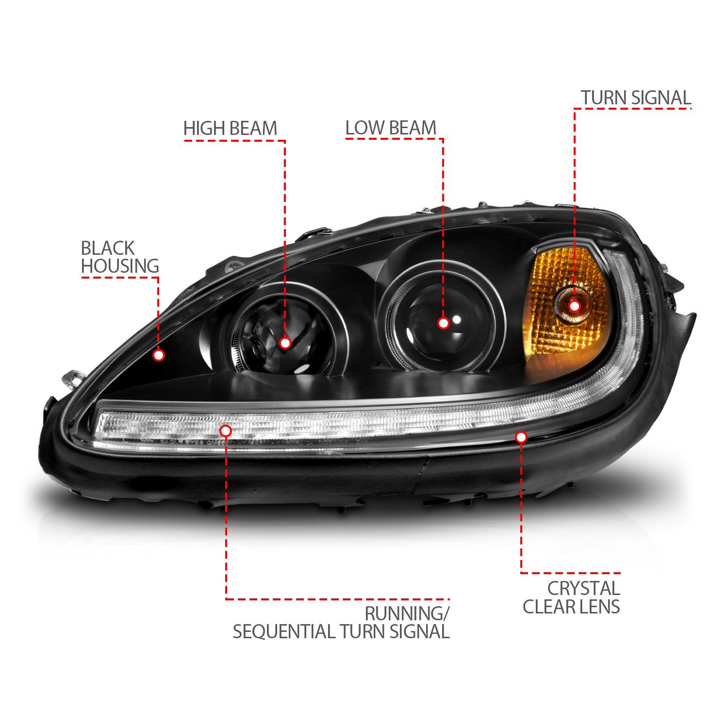 2005-2013 Chevrolet Corvette Anzo Projector Plank Style W/Switchback+Sequential LED Headlight Black Amber
