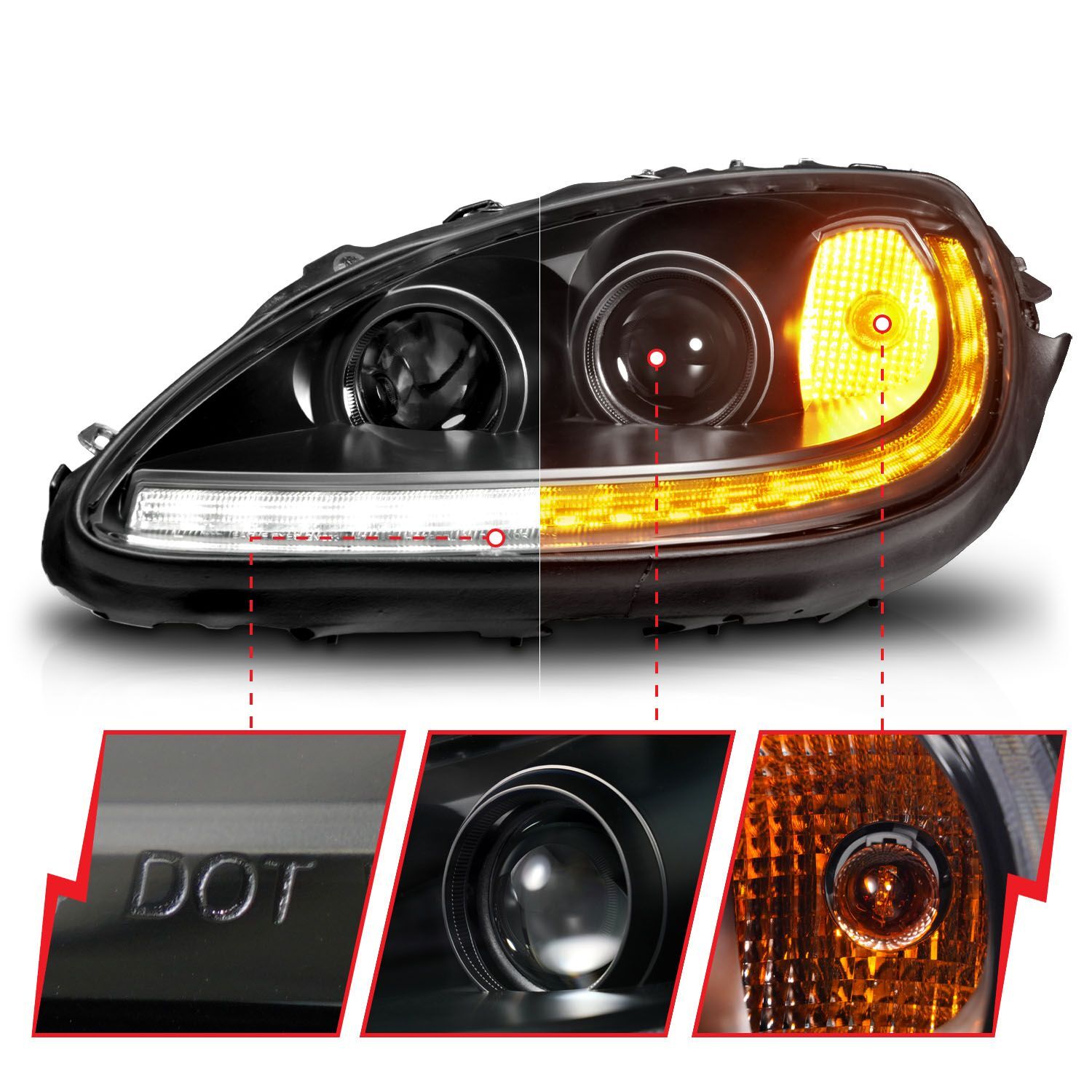 2005-2013 Chevrolet Corvette Anzo Projector Plank Style W/Switchback+Sequential LED Headlight Black Amber