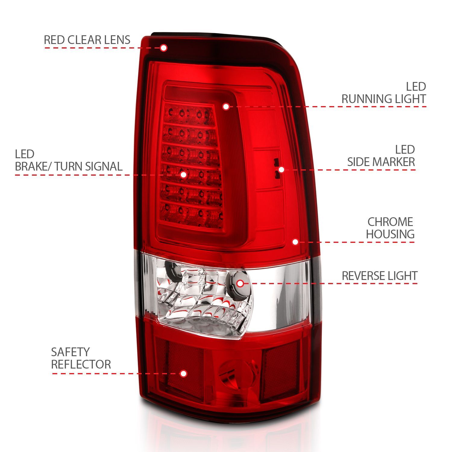 1999-2006 GMC Silverado 1500/2500/3500 Anzo LED Tail Lights Chrome With Red/Clear Lens