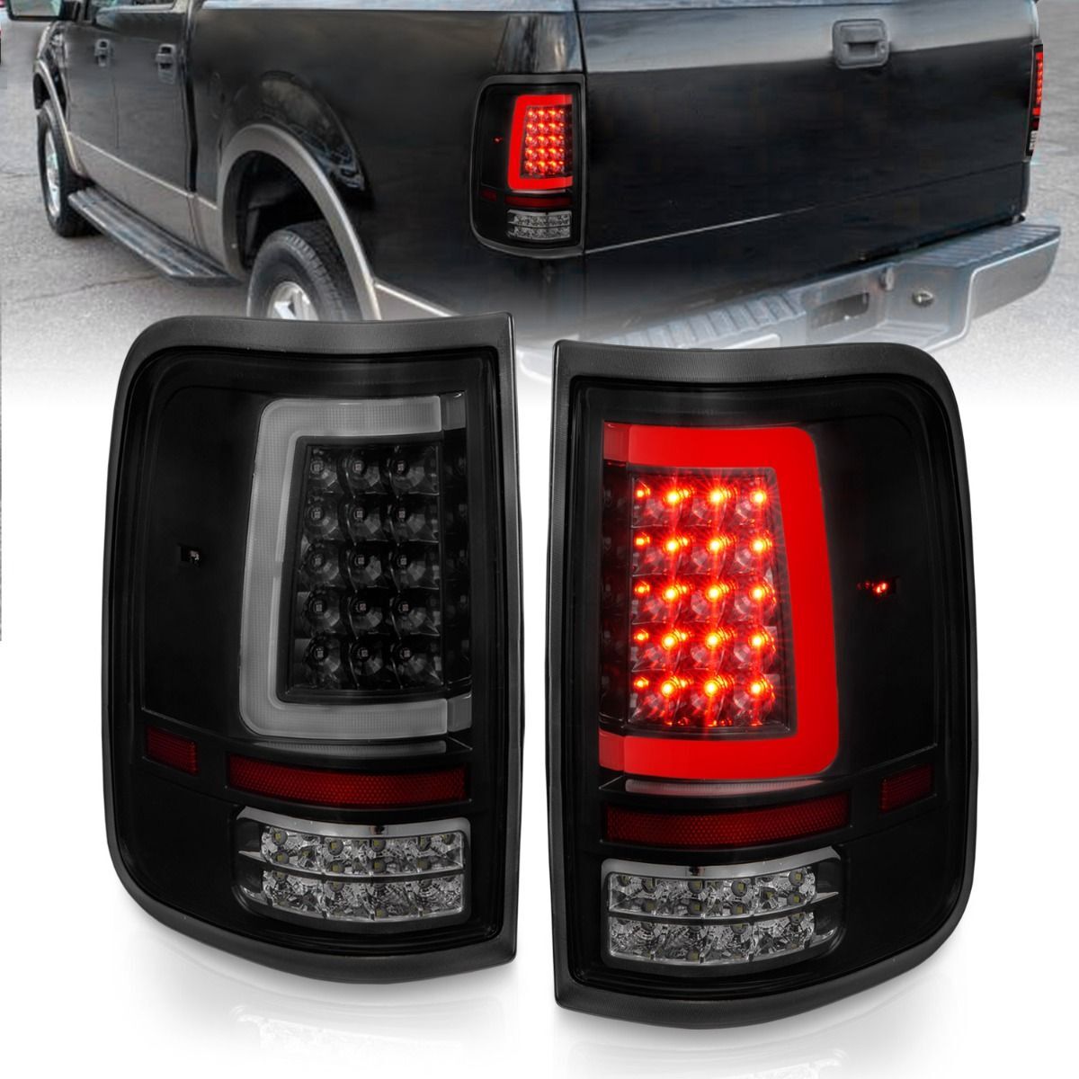 2004-2008 Ford F-150 Anzo LED Tail Lights W/ Light Bar Black Housing Smoke Lens