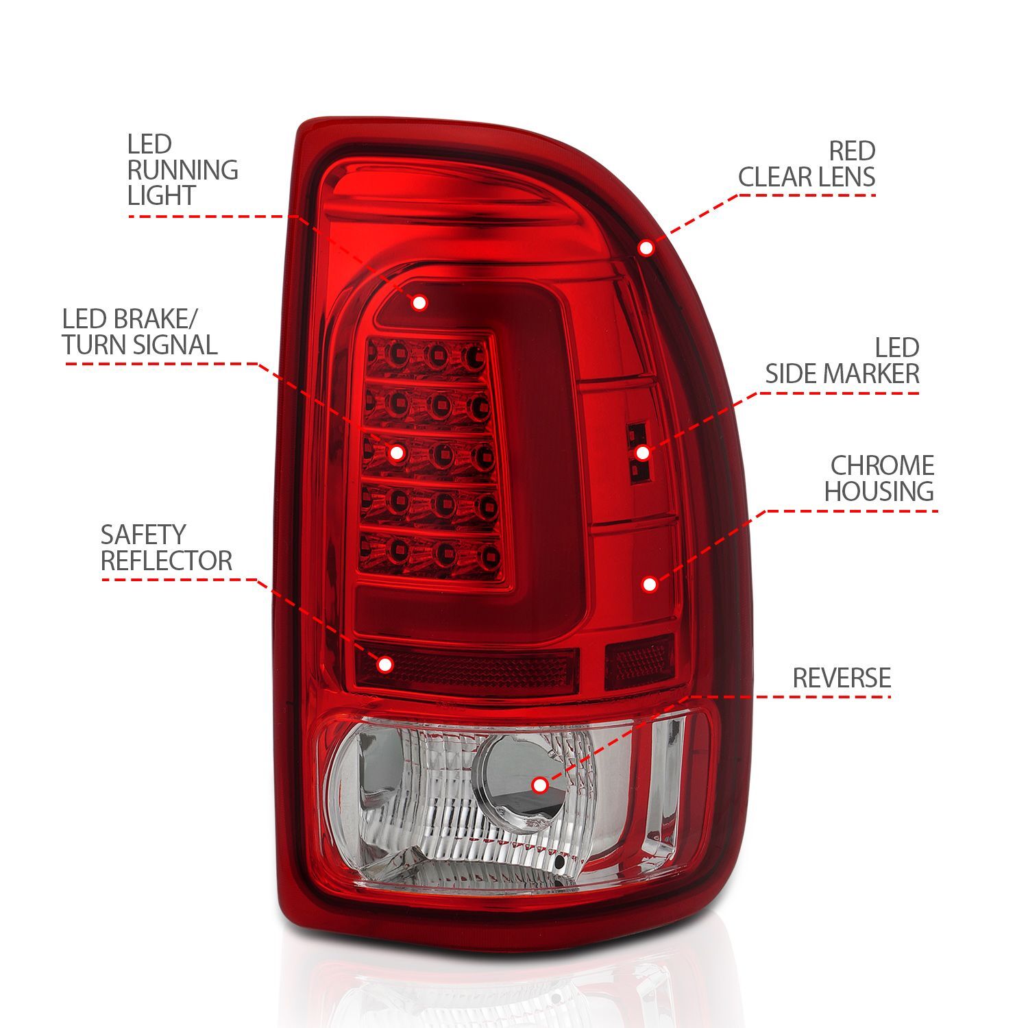 1997-2004 Dodge Dakota Anzo LED Tail Lights Chrome Housing Red Lens