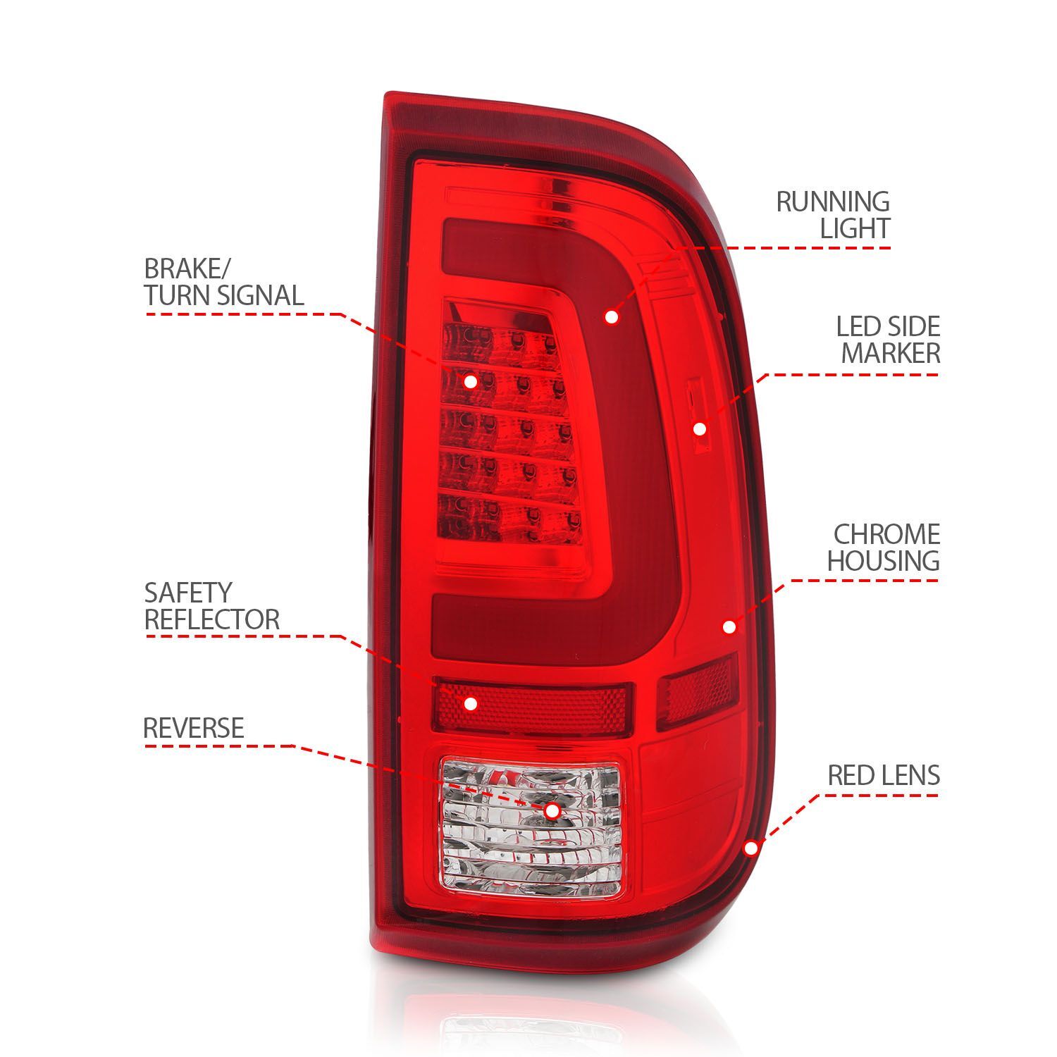 2008-2016 Ford F-250/F-350/F-450/F-550 Super Duty Anzo LED Tail Lights Chrome Housing Red/Clear Lens