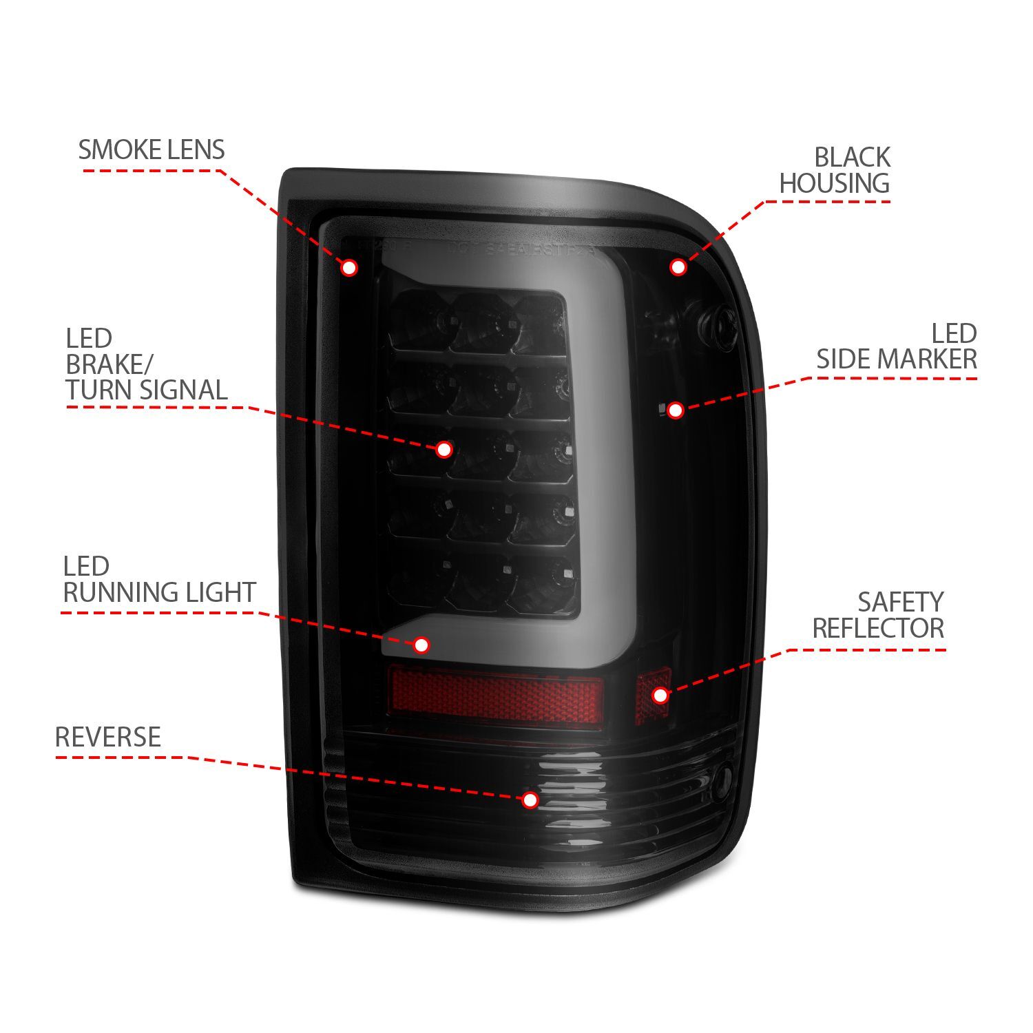 1993-1997 Ford Ranger Anzo LED Tail Light W/ Light Bar Black Housing Clear Lens
