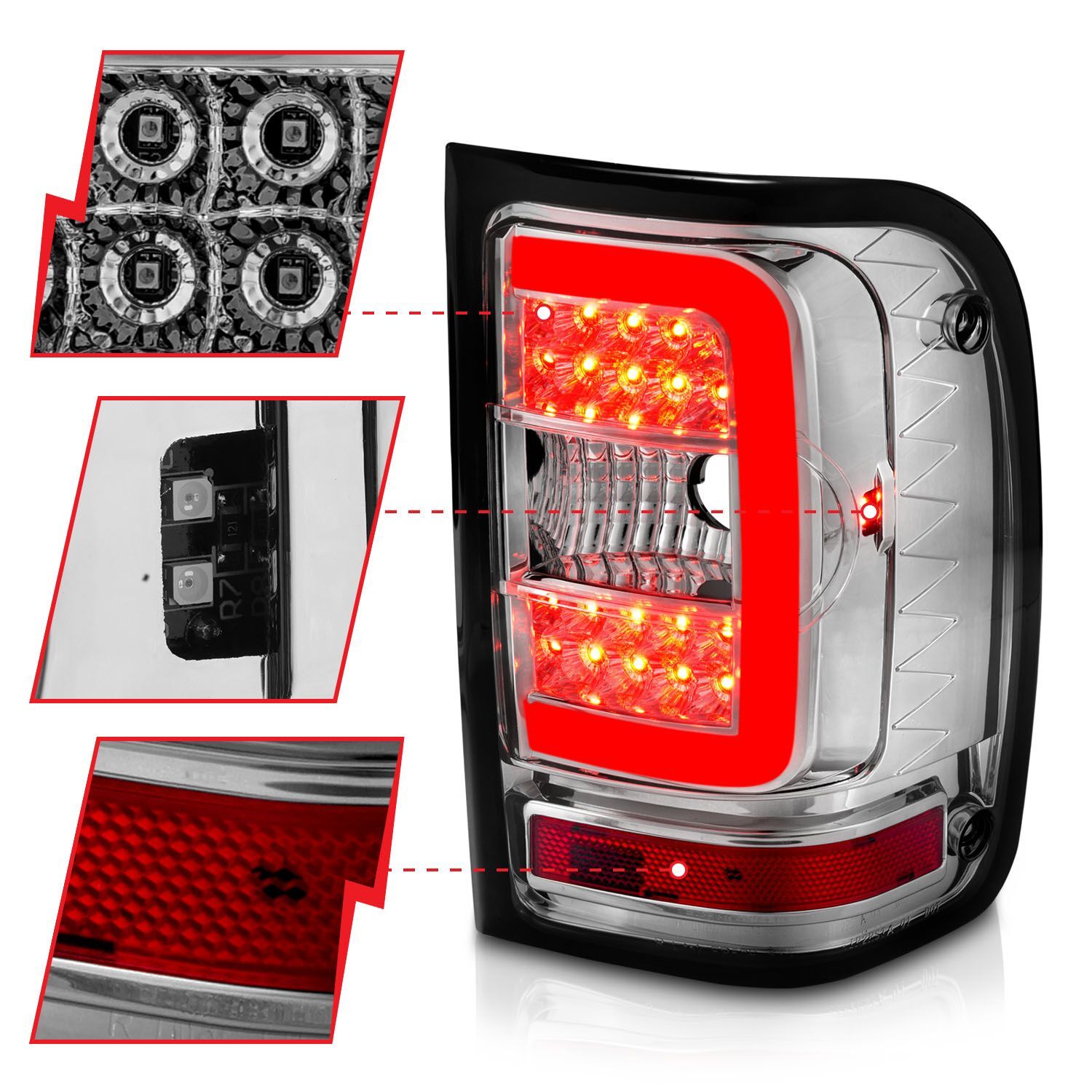 2001-2011 Ford Ranger Anzo LED Tail Lights W/ Light Bar Chrome Housing Clear Lens