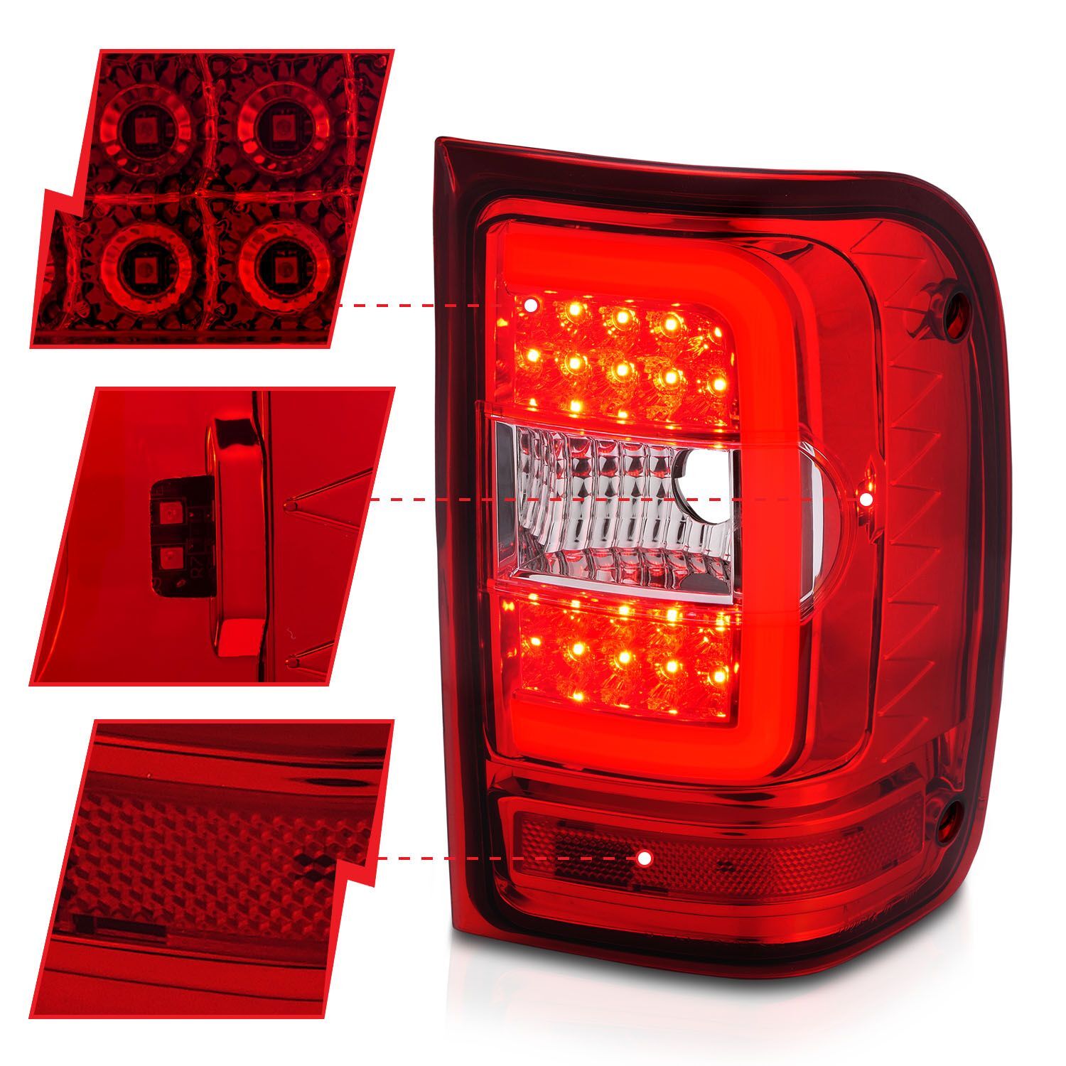 2001-2011 Ford Ranger Anzo LED Tail Lights W/ Light Bar Chrome Housing Red/Clear Lens