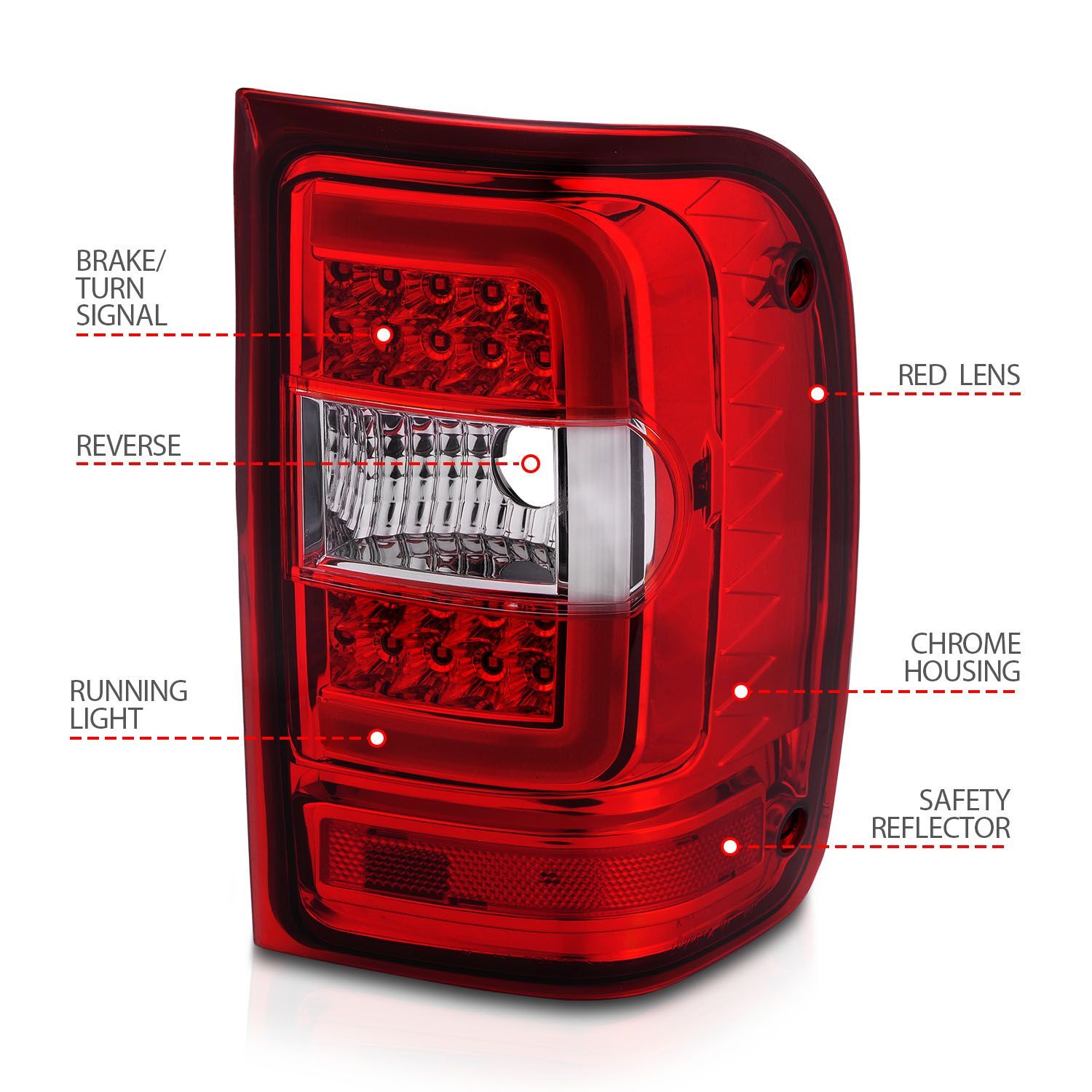 2001-2011 Ford Ranger Anzo LED Tail Lights W/ Light Bar Chrome Housing Red/Clear Lens