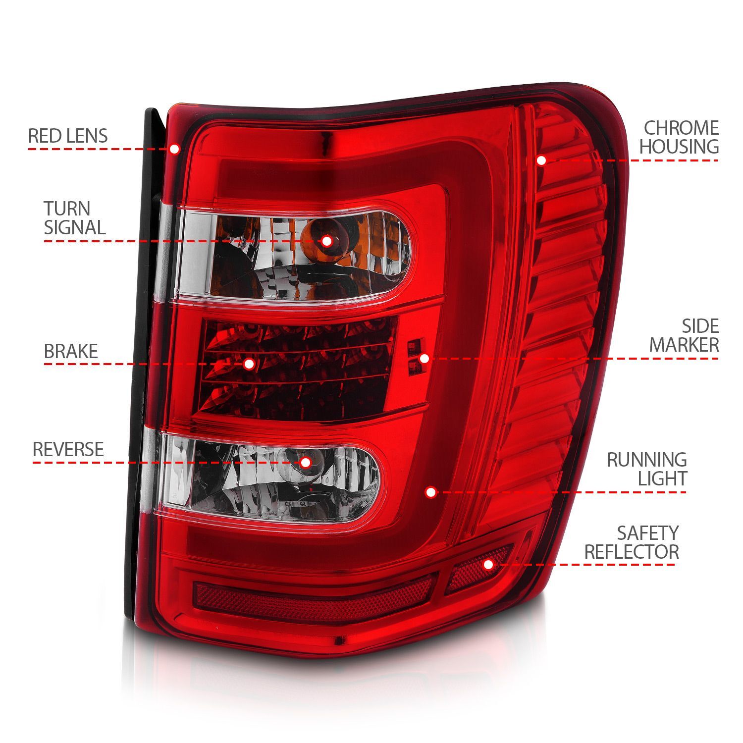 1999-2004 Jeep Grand Cherokee Anzo LED Tail Lights W/ Light Bar Chrome Housing Red/Clear Lens