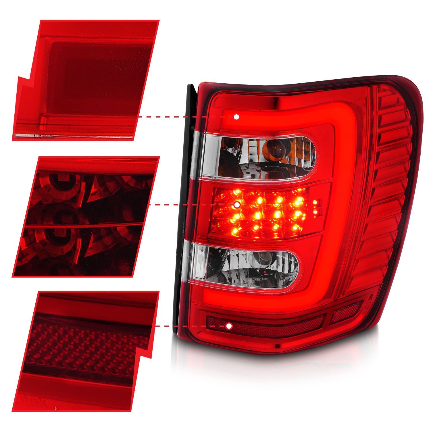 1999-2004 Jeep Grand Cherokee Anzo LED Tail Lights W/ Light Bar Chrome Housing Red/Clear Lens