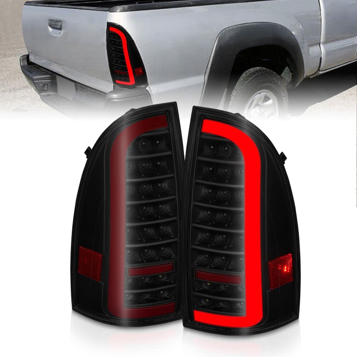 2005-2015 Toyota Tacoma Anzo Full LED Tail Lights W/ Light Bar Sequential Black Housing Smoke Lens - 311428