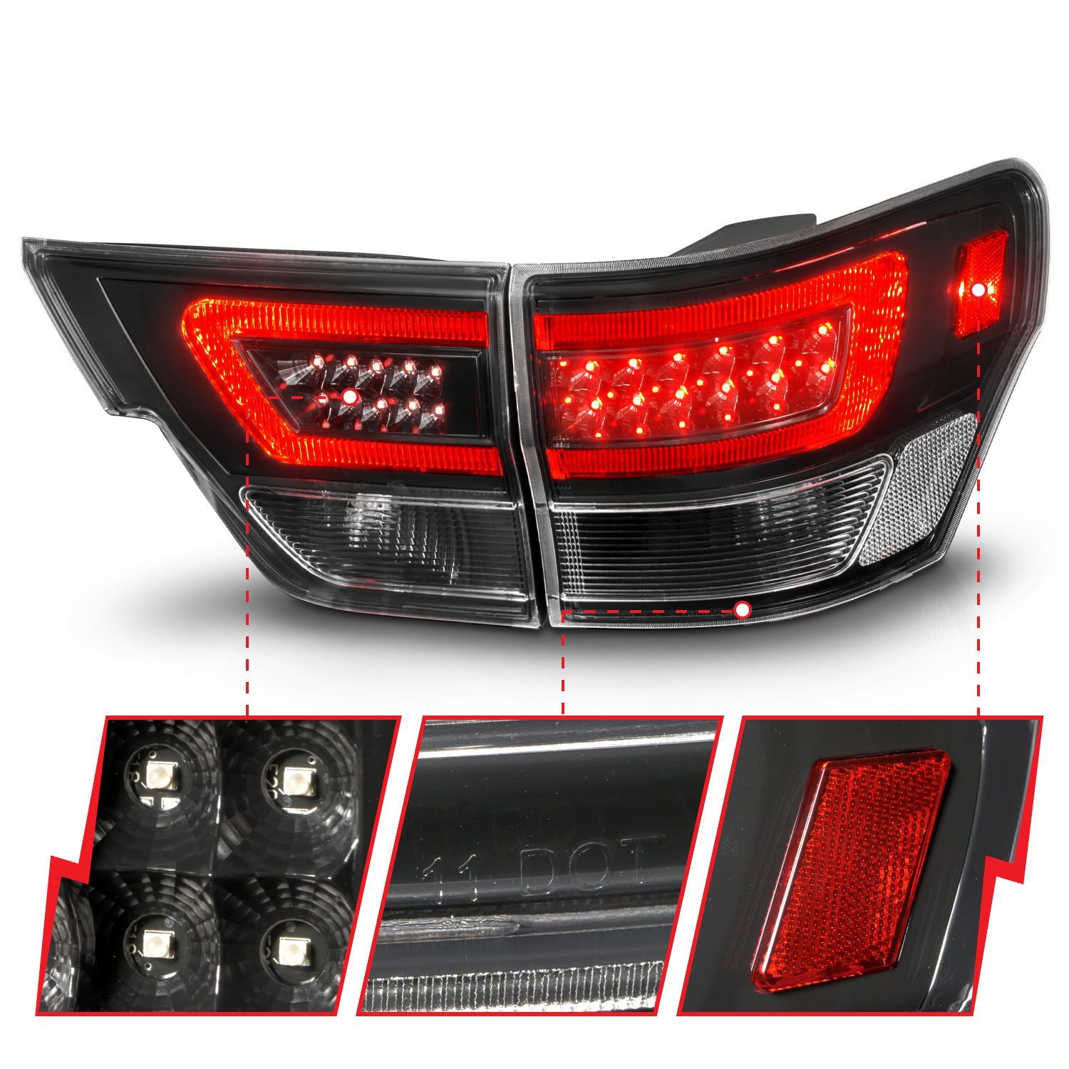 2011-2013 Jeep Grand Cherokee Anzo LED Tail Lights W/ Light Bar Black Housing Clear Lens 4PC