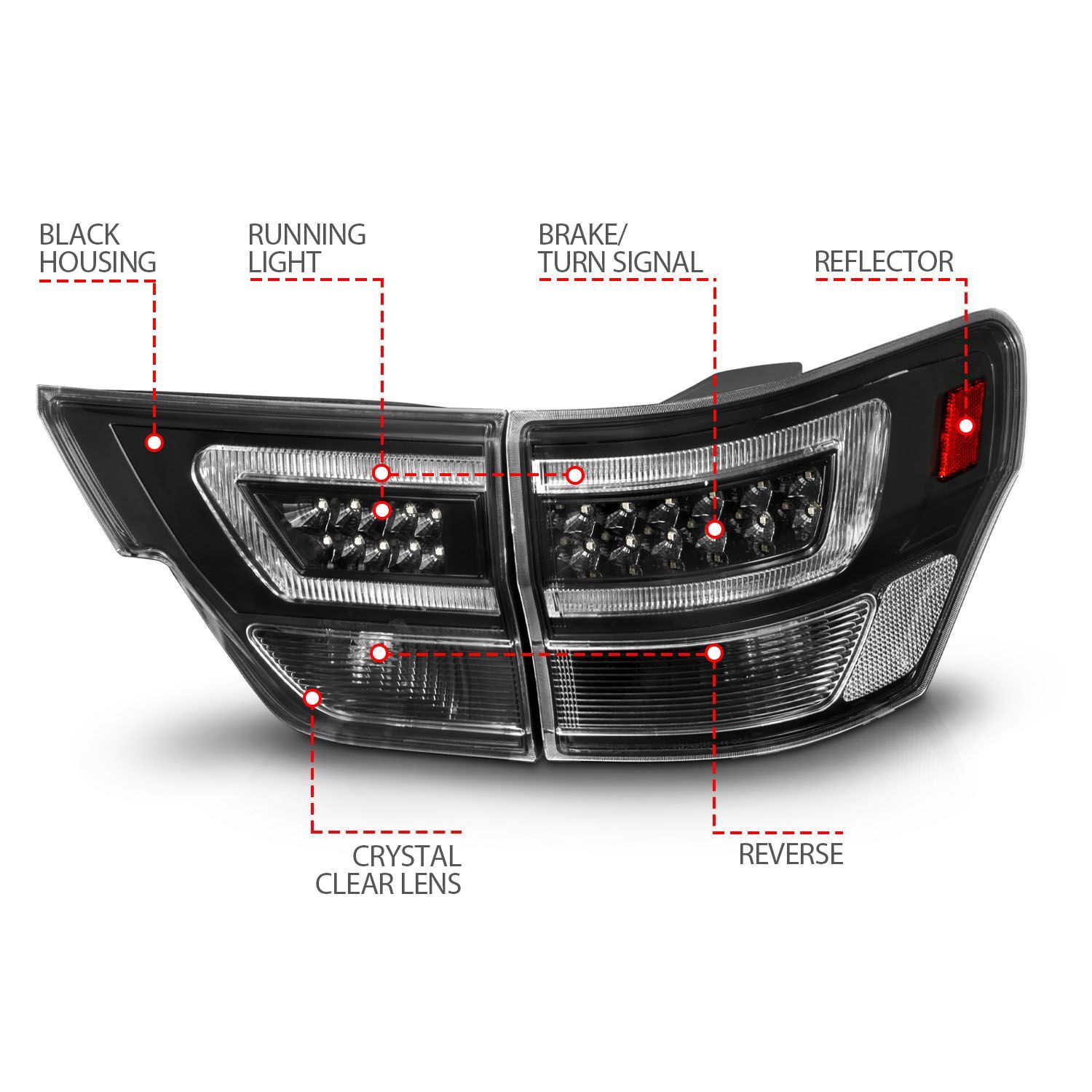 2011-2013 Jeep Grand Cherokee Anzo LED Tail Lights W/ Light Bar Black Housing Clear Lens 4PC