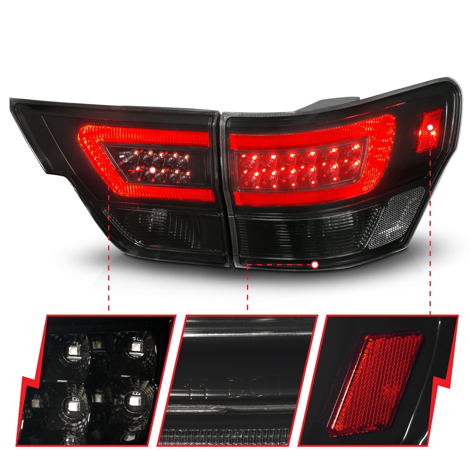 2011-2013 Jeep Grand Cherokee Anzo LED Tail Lights W/ Light Bar Black Housing Smoke Lens 4PC