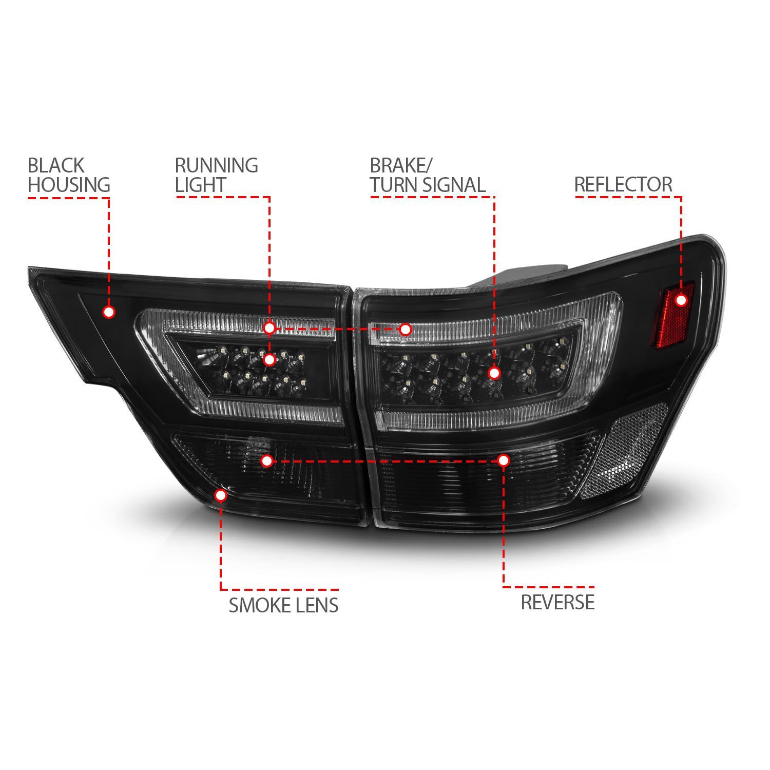 2011-2013 Jeep Grand Cherokee Anzo LED Tail Lights W/ Light Bar Black Housing Smoke Lens 4PC
