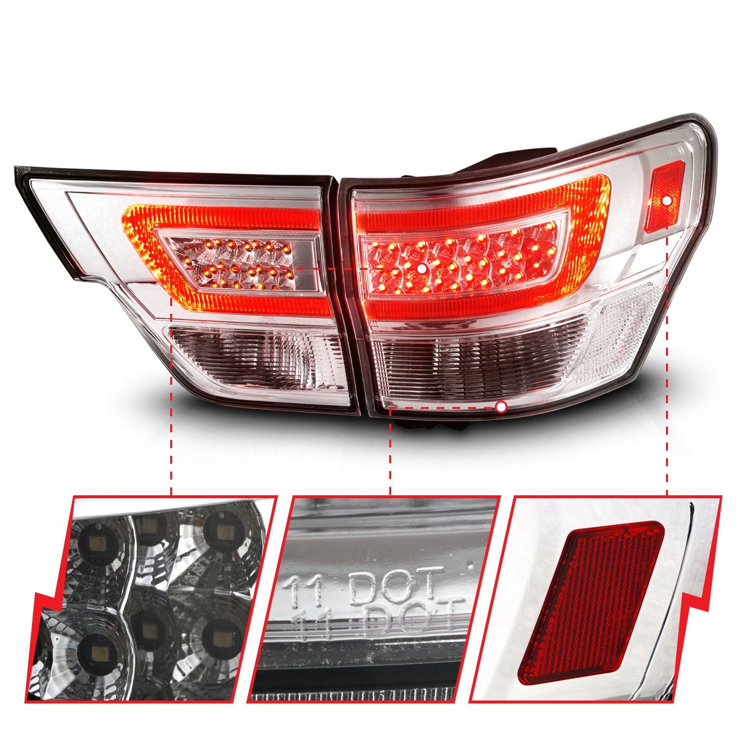 2011-2013 Jeep Grand Cherokee Anzo LED Tail Lights W/ Light Bar Chrome Housing Clear Lens 4PC