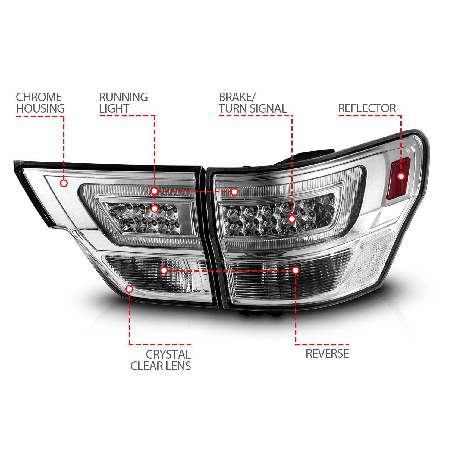2011-2013 Jeep Grand Cherokee Anzo LED Tail Lights W/ Light Bar Chrome Housing Clear Lens 4PC