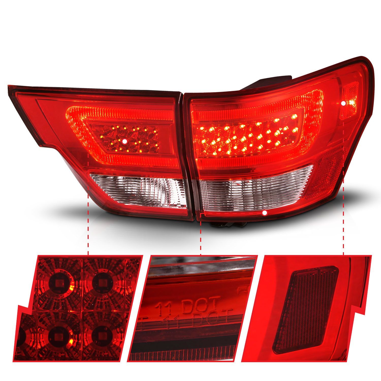 2011-2013 Jeep Grand Cherokee Anzo LED Tail Lights W/ Light Bar Chrome Housing Red/Clear Lens 4PC