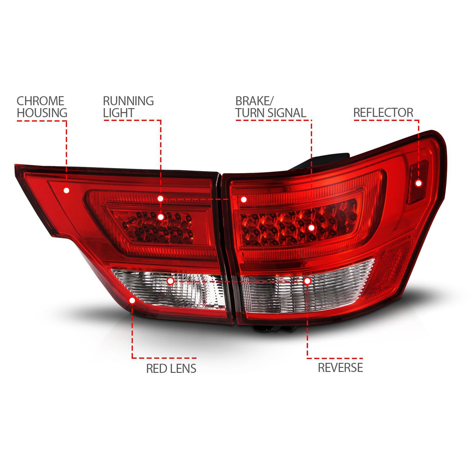 2011-2013 Jeep Grand Cherokee Anzo LED Tail Lights W/ Light Bar Chrome Housing Red/Clear Lens 4PC