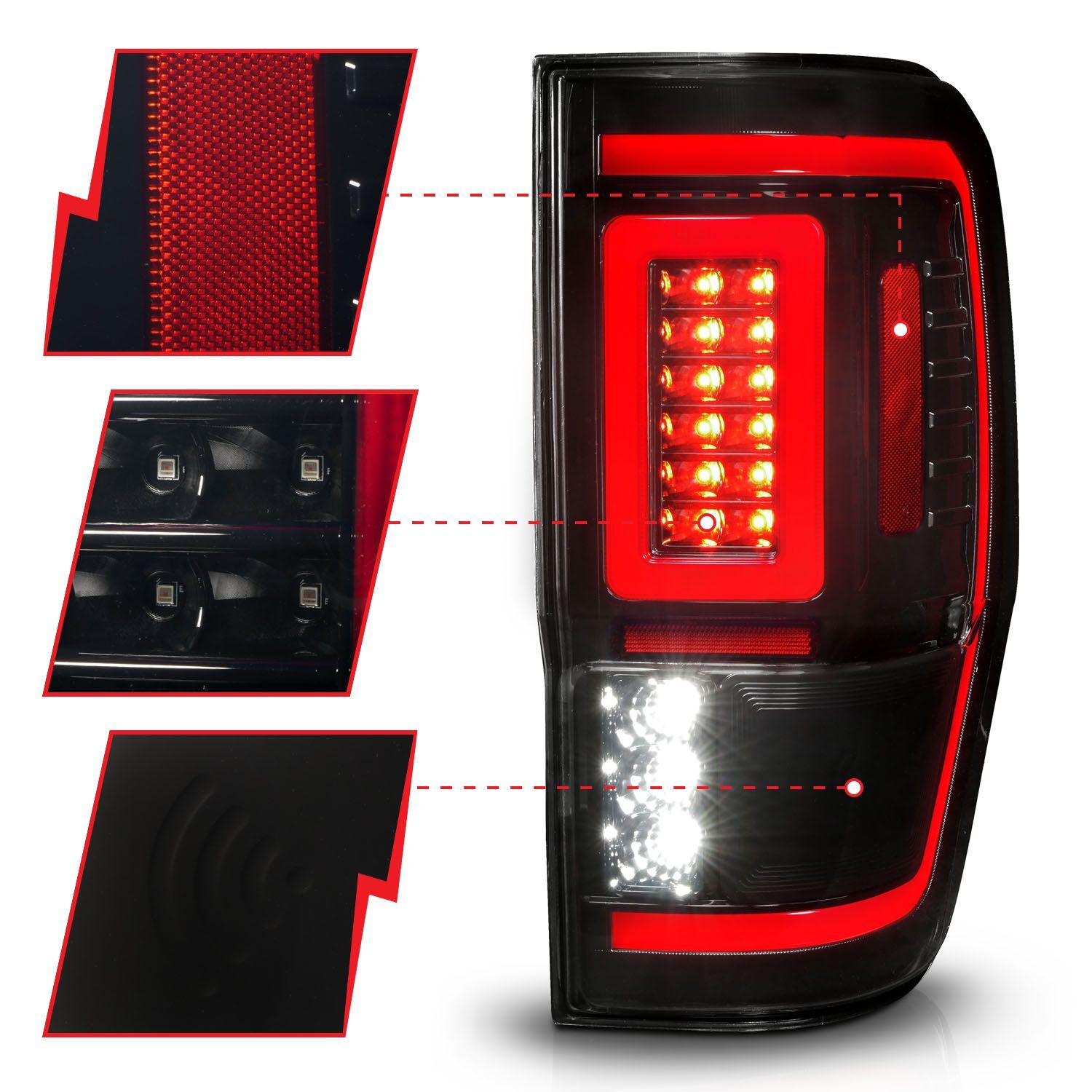 2019-2023 Ford Ranger Anzo Full LED Tail Lights W/ Light Bar Sequential Signal Black Housing Smoke Lens