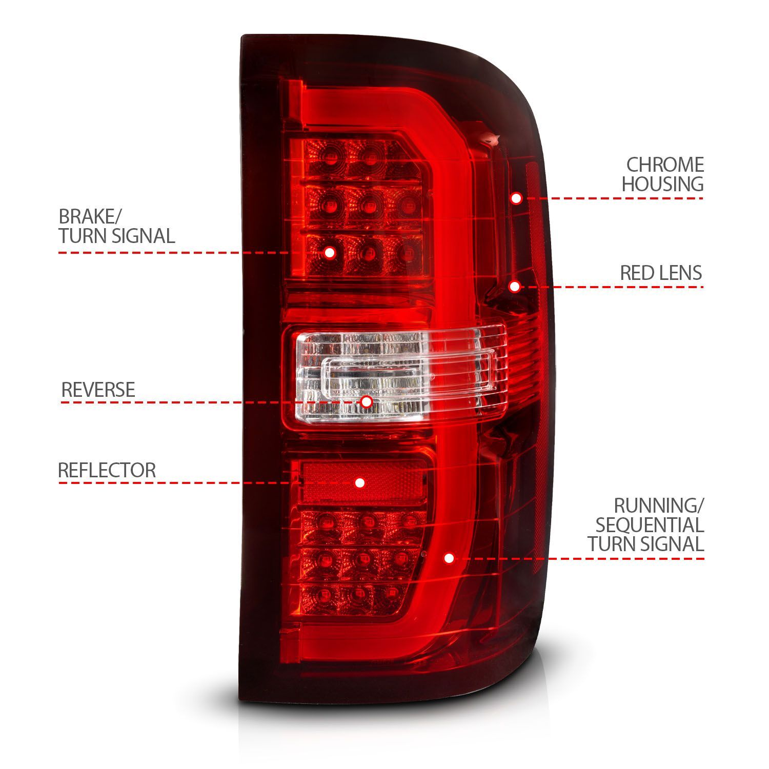 2015-2019 GMC Sierra 1500/2500 HD/3500 HD Anzo Sequential LED C-Bar Tail Lights Chrome Housing Red/Clear Lens