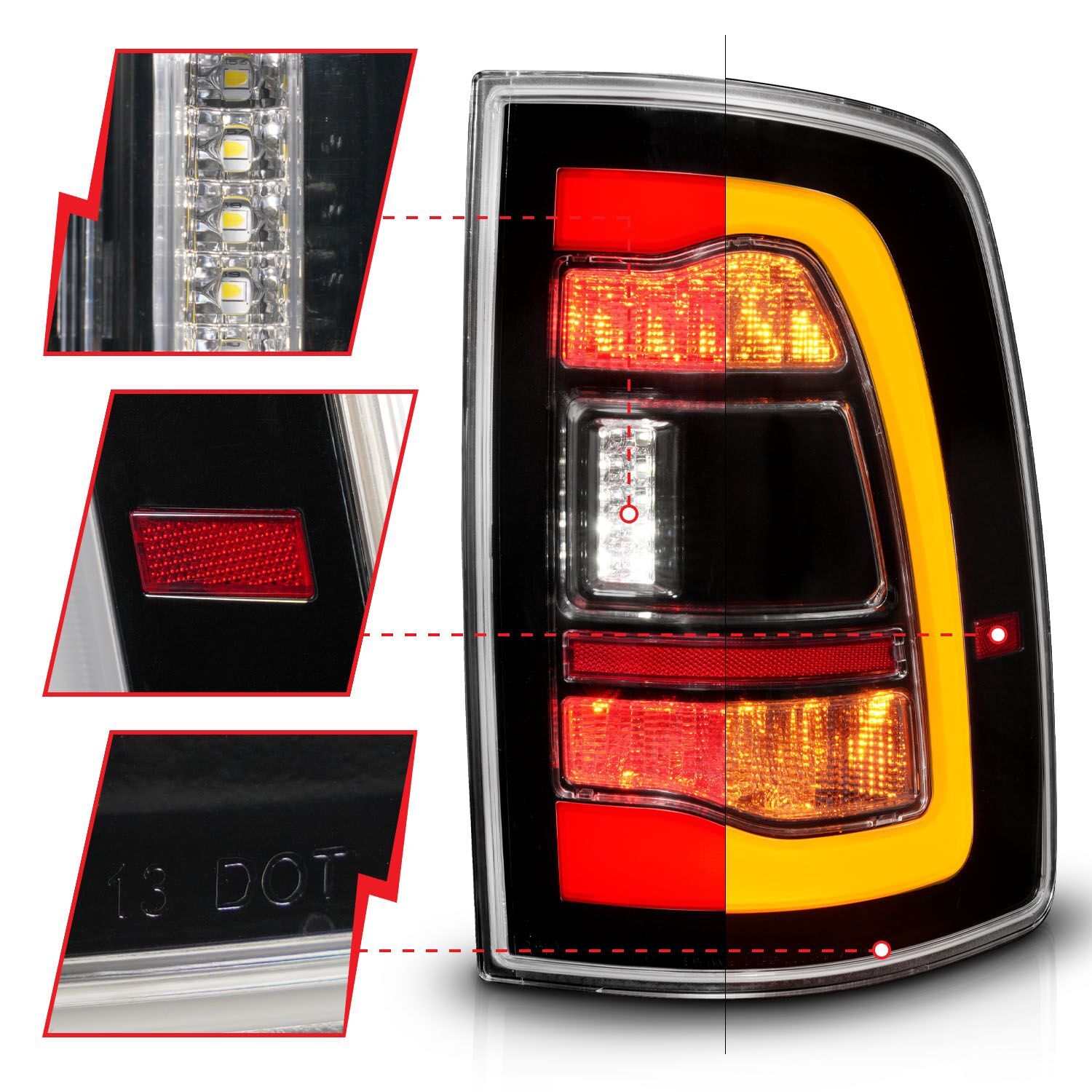 2009-2018 Dodge Ram 1500/2500/3500 Anzo Sequential LED Tail Lights Black W/Switchback Amber Signal
