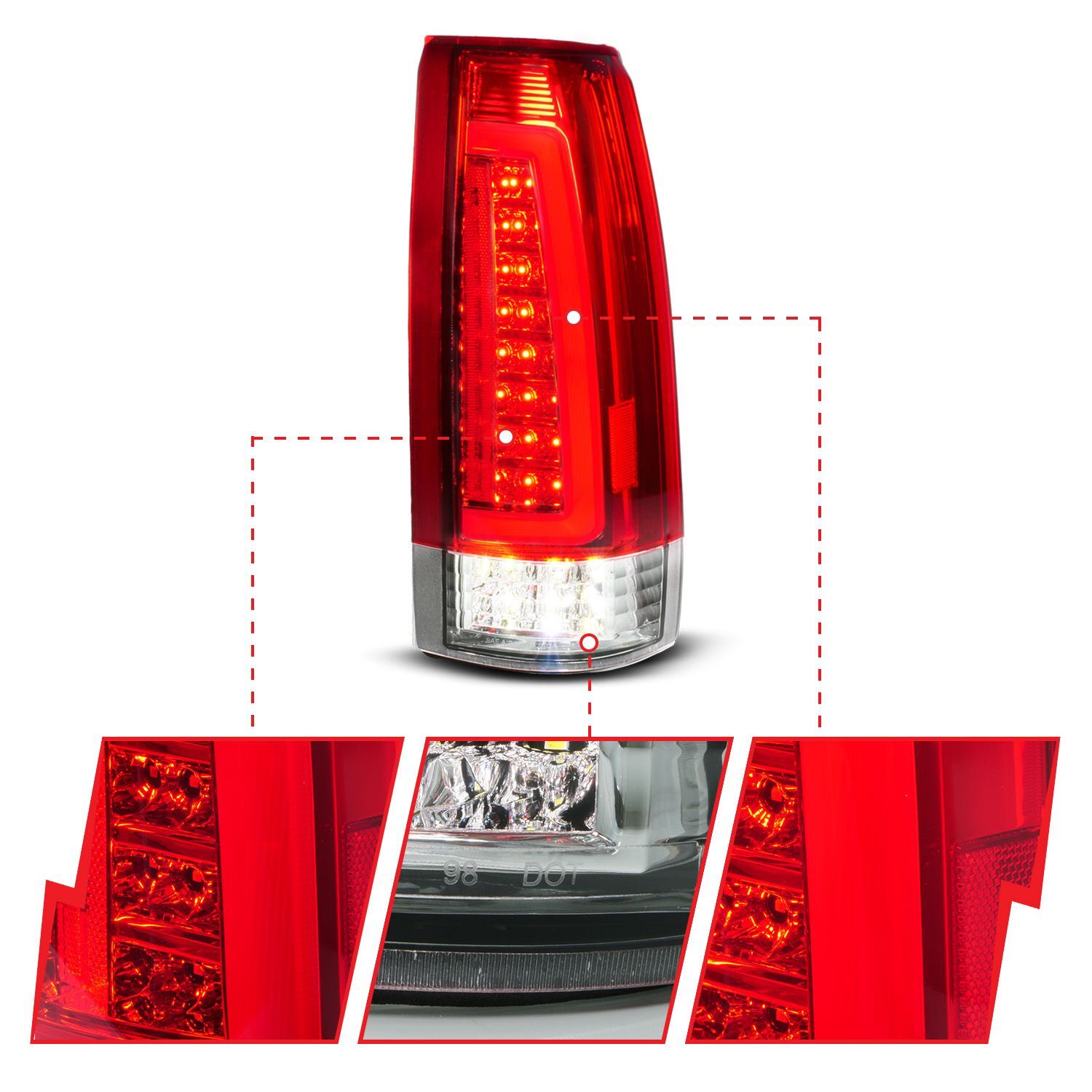 1988-1998 GMC Escalade Anzo Full LED Light Tube Tail Lights Chrome Housing Red/Clear Lens