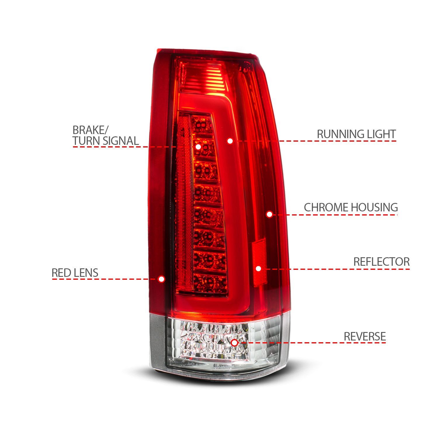 1988-1998 GMC Escalade Anzo Full LED Light Tube Tail Lights Chrome Housing Red/Clear Lens