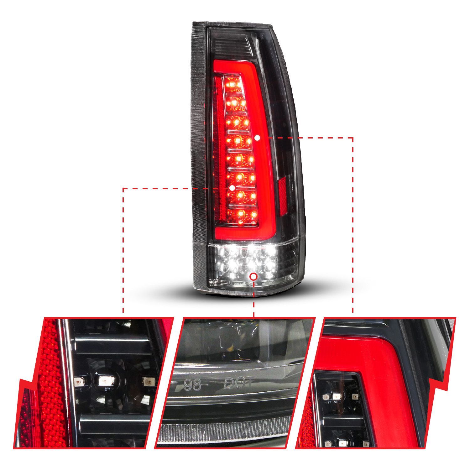 1988-1998 GMC Escalade Anzo Full LED Light Tube Tail Lights Black Housing Clear Lens