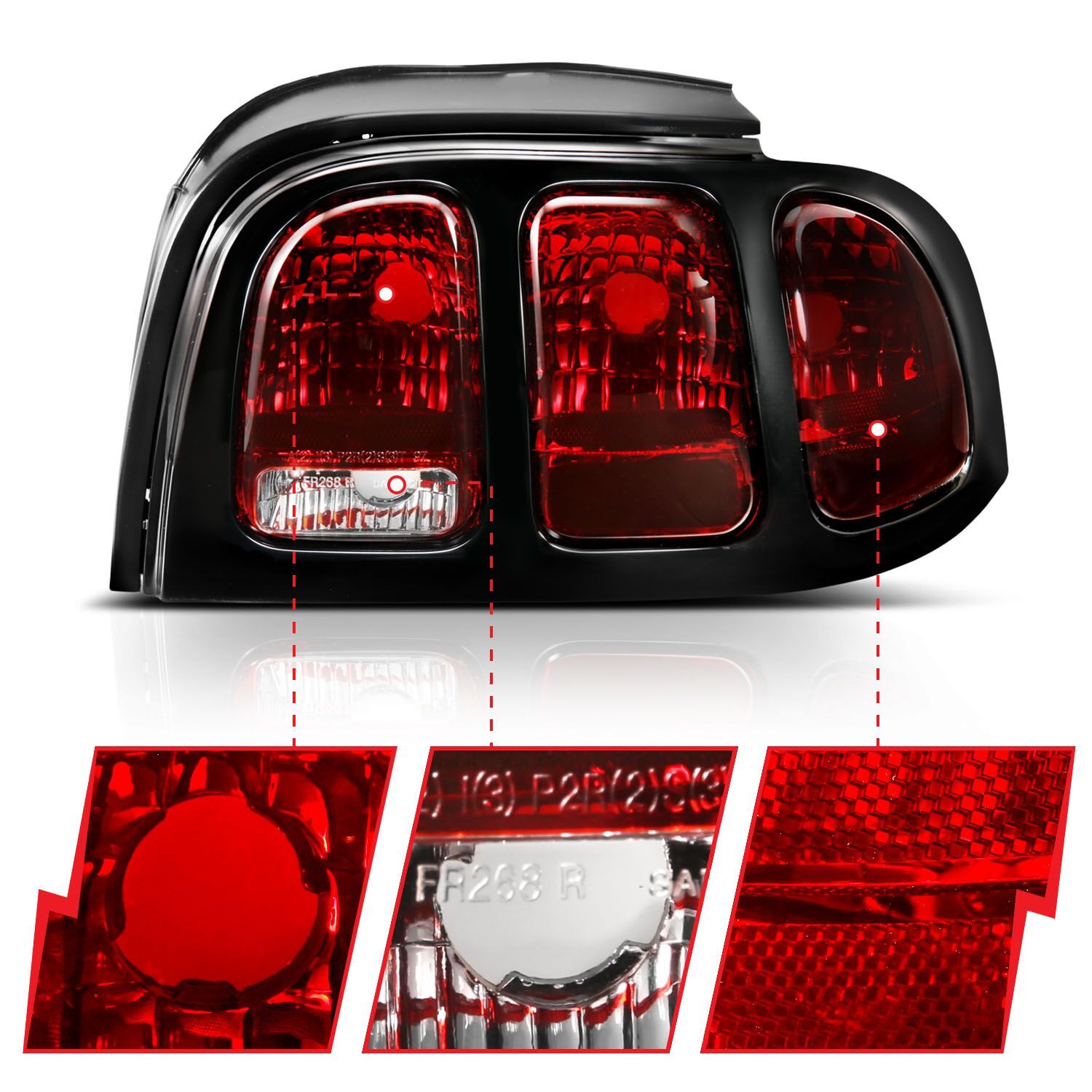 1996-1998 Ford Mustang Anzo Taillight Dark Red Lens (Oe Style)