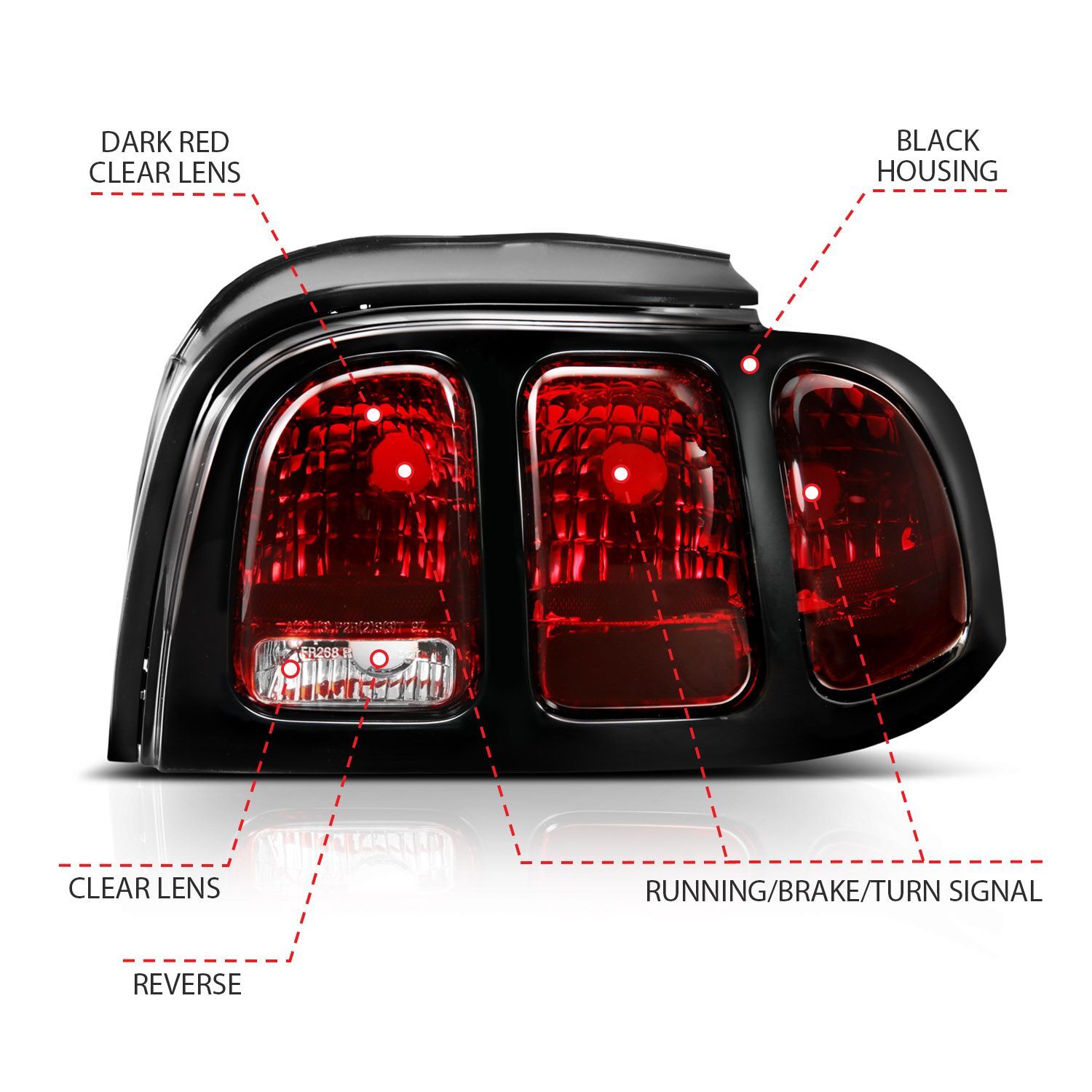 1996-1998 Ford Mustang Anzo Taillight Dark Red Lens (Oe Style)