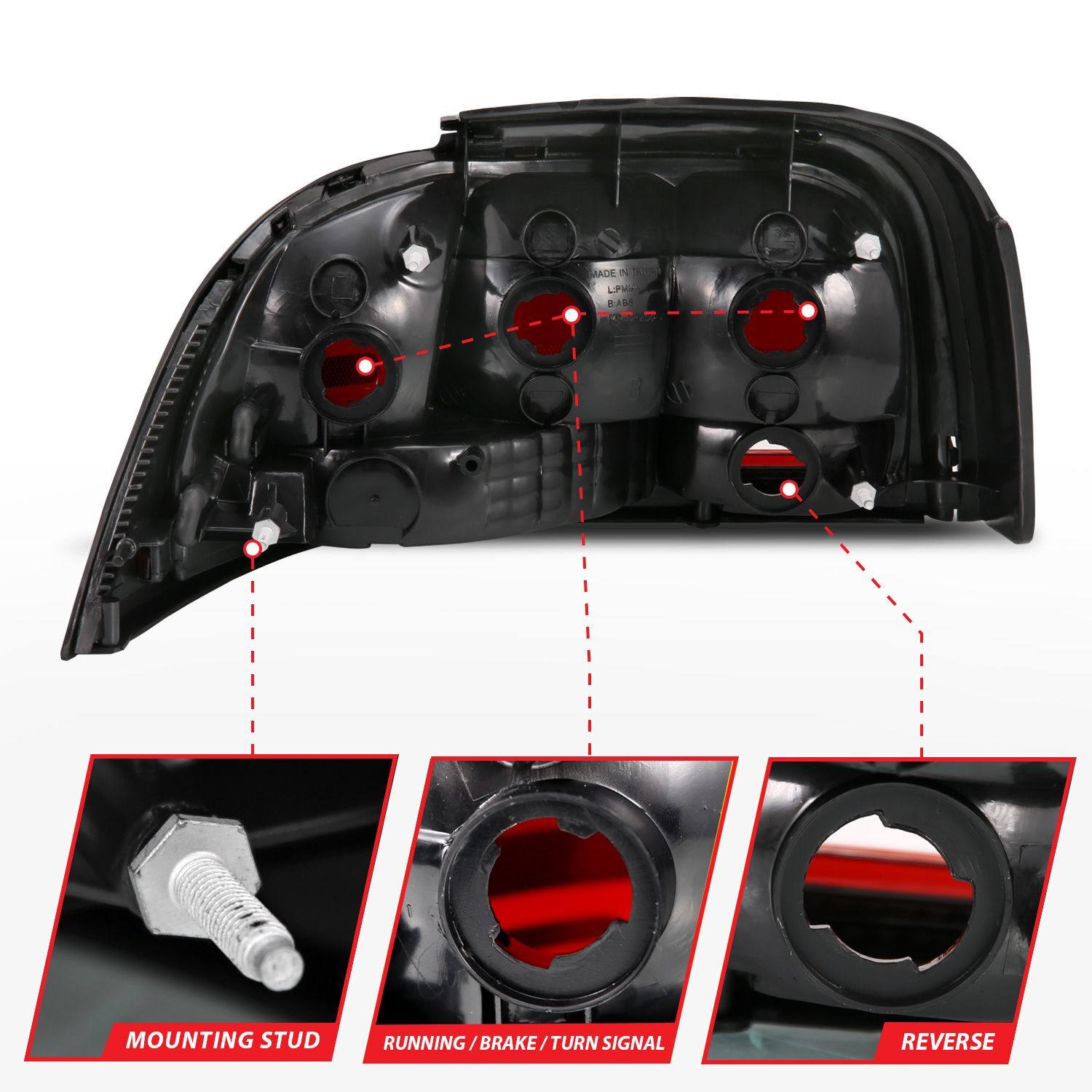 1996-1998 Ford Mustang Anzo Taillight Dark Red Lens (Oe Style)