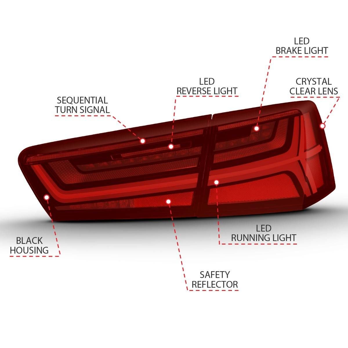 2012-2015 Audi A6/S6 Anzo LED Taillight Black Housing Red/Clear Lens 4 PC (Sequential Signal)