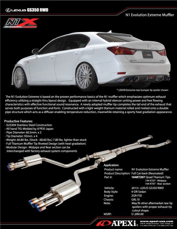 2013-2020 Lexus GS350 GRL10 RWD APEXi N1 Evolution-X Exhaust