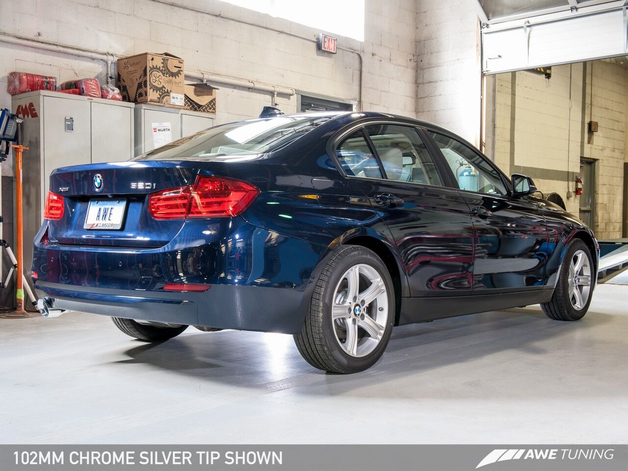 AWE Tuning Touring Edition Exhaust + Performance Mid Pipe for BMW F30 320i, Single Side - Chrome Silver Tip (102mm)