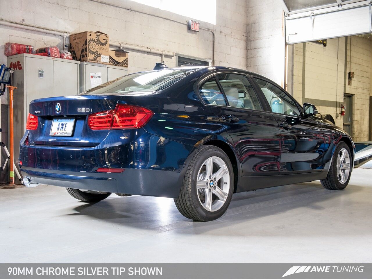 AWE Tuning Touring Edition Exhaust + Performance Mid Pipe for BMW F30 320i, Single Side - Chrome Silver Tip (90mm)