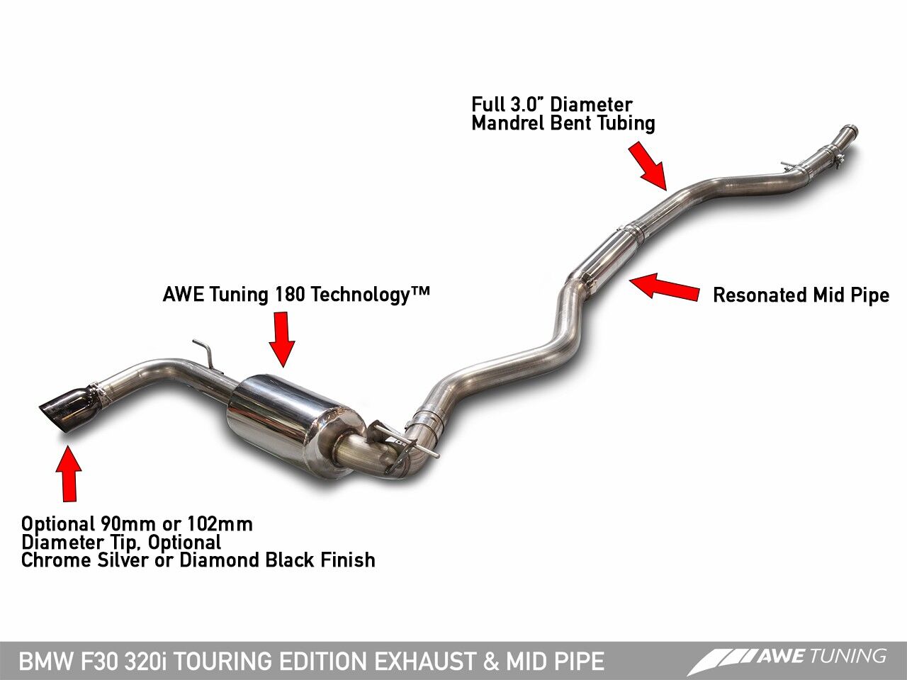 AWE Tuning Touring Edition Exhaust + Performance Mid Pipe for BMW F30 320i, Single Side - Chrome Silver Tip (90mm)