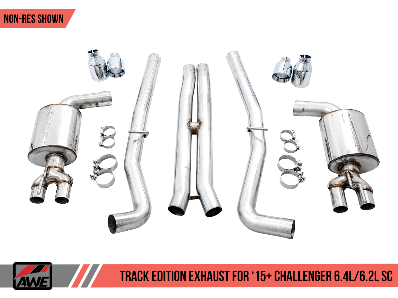 AWE Tuning Touring Edition Exhaust for 15+ Challenger 6.4 / 6.2 SC - Non-Resonated - Chrome Silver Quad Tips
