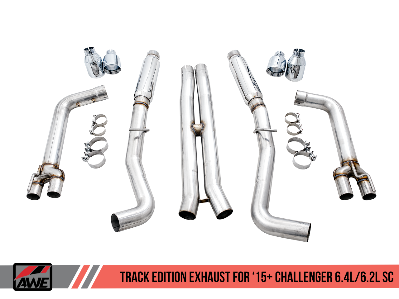 AWE Tuning Track Edition Exhaust for 15+ Challenger 6.4 / 6.2 SC - Chrome Silver Quad Tips