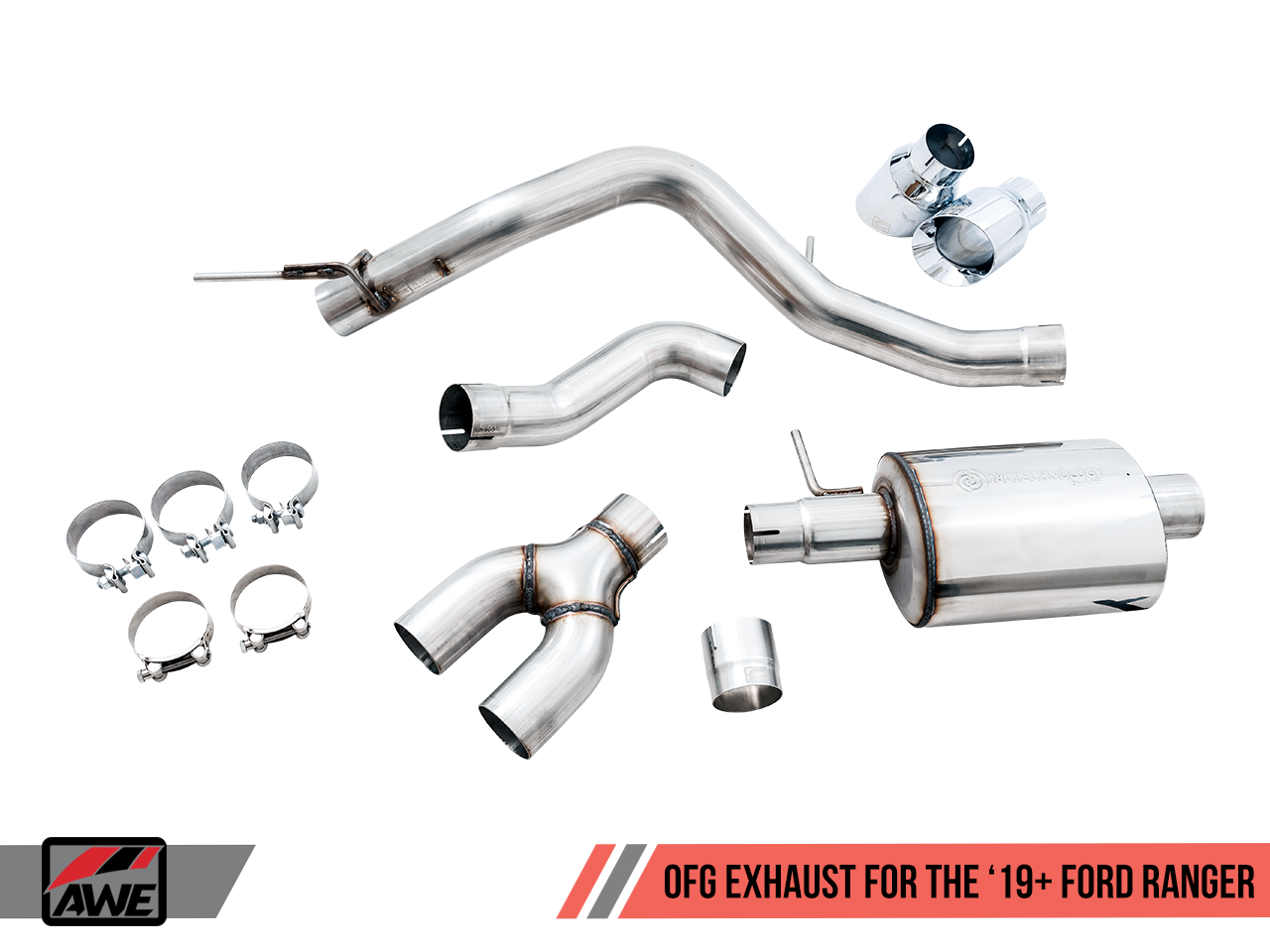 AWE Tuning 0FG Exhaust with BashGuard for Ford Ranger - Dual Chrome Silver Tips