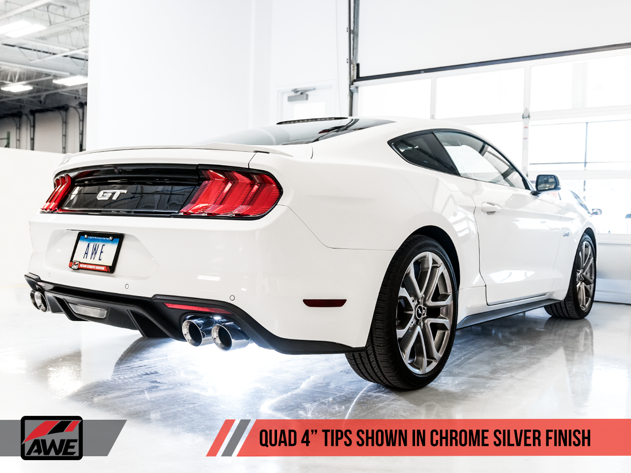 AWE Tuning Track Edition Cat-back Exhaust for the 2018+ Mustang GT - Quad Chrome Silver Tips