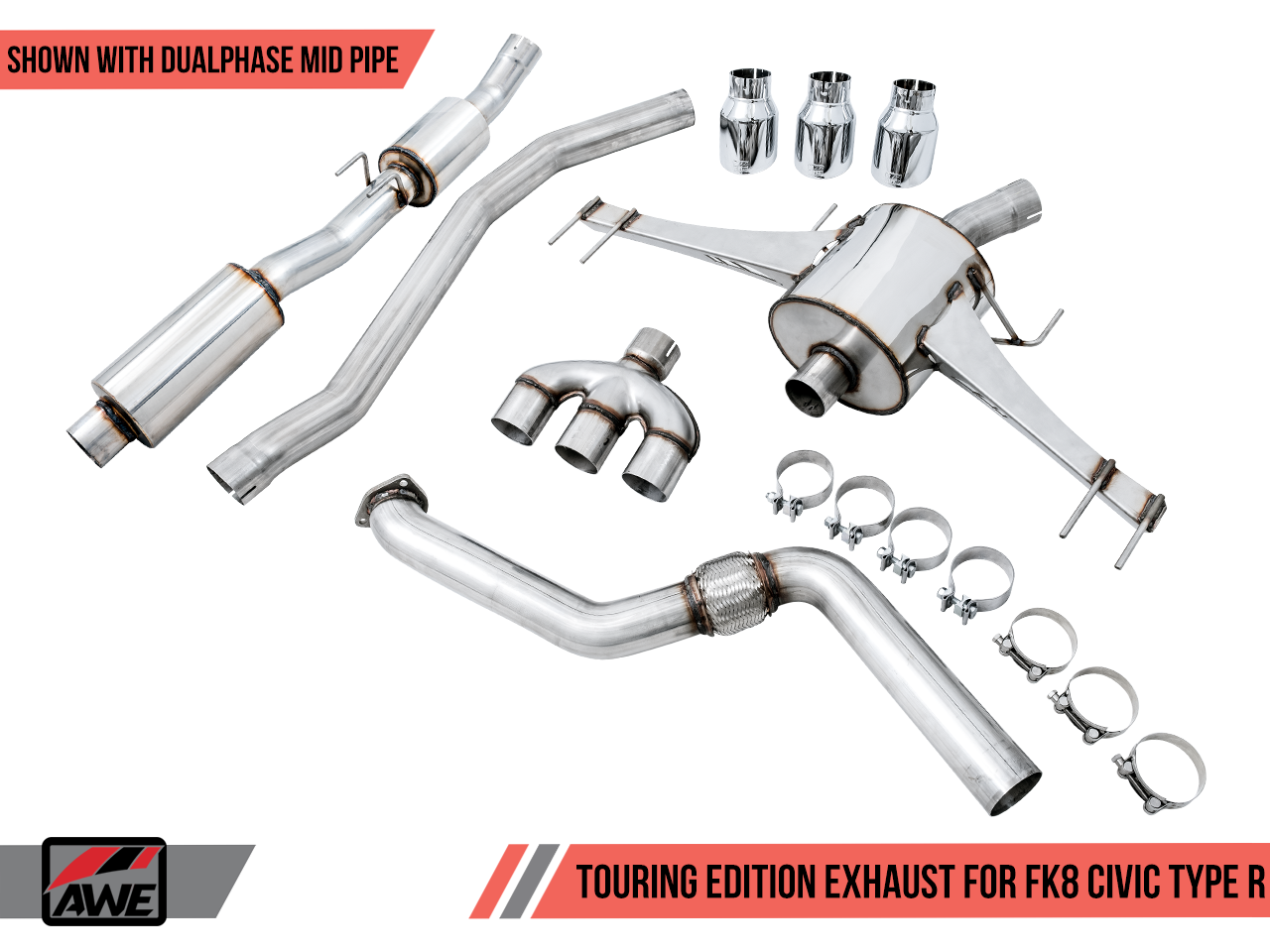 AWE Tuning Touring Edition Exhaust for FK8 Civic Type R (includes Front Pipe and DualPhase Mid Pipe) - Triple Chrome Silver Tips