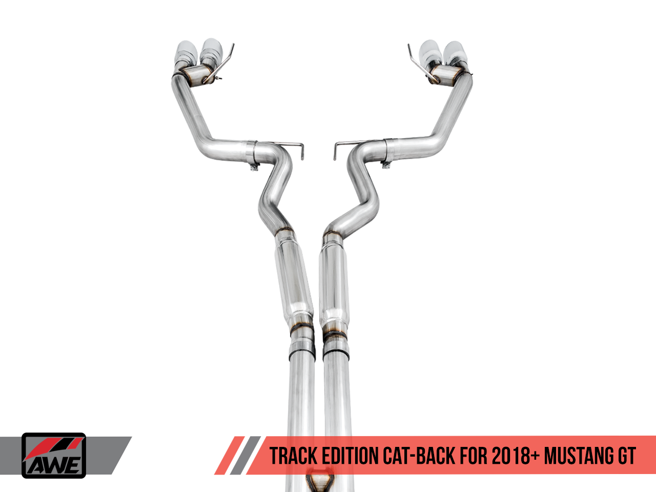 AWE Tuning Track Edition Cat-back Exhaust for the 2018+ Mustang GT - Quad Chrome Silver Tips