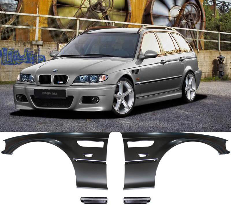 1998-2002 BMW 3-Series 2DR Metal M3 Style Fenders + Chrome Side Vents - 8-FD-M3E4698022-CMSV