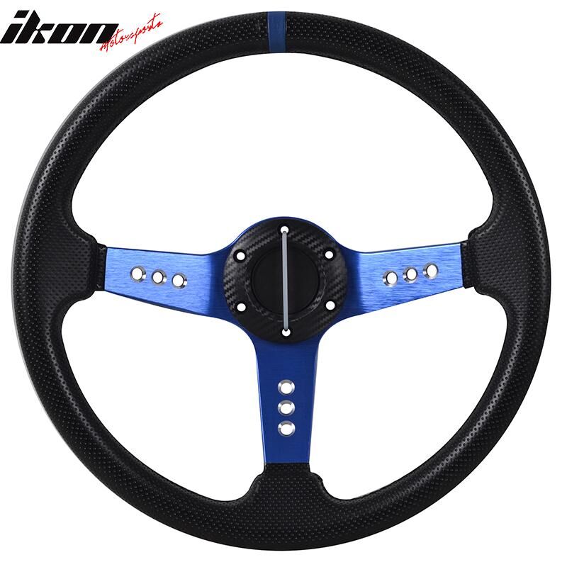 Universal 350MM PVC Steering Wheel Deep Dish Blue Spoke Horn Button & Emblem