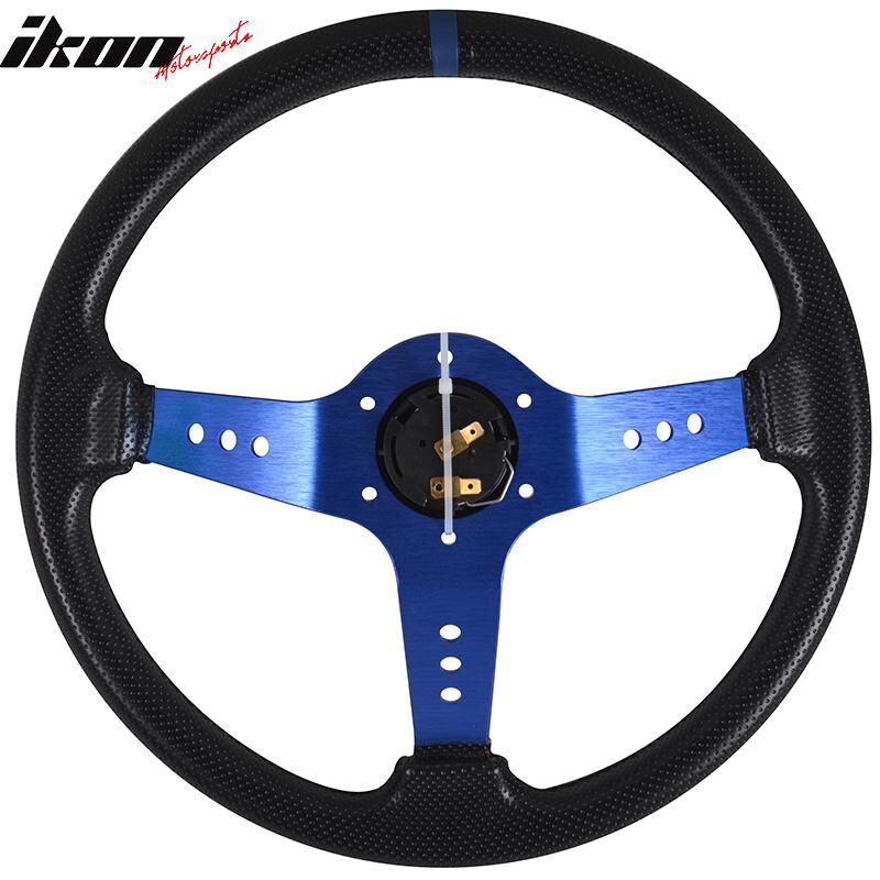 Universal 350MM PVC Steering Wheel Deep Dish Blue Spoke Horn Button & Emblem