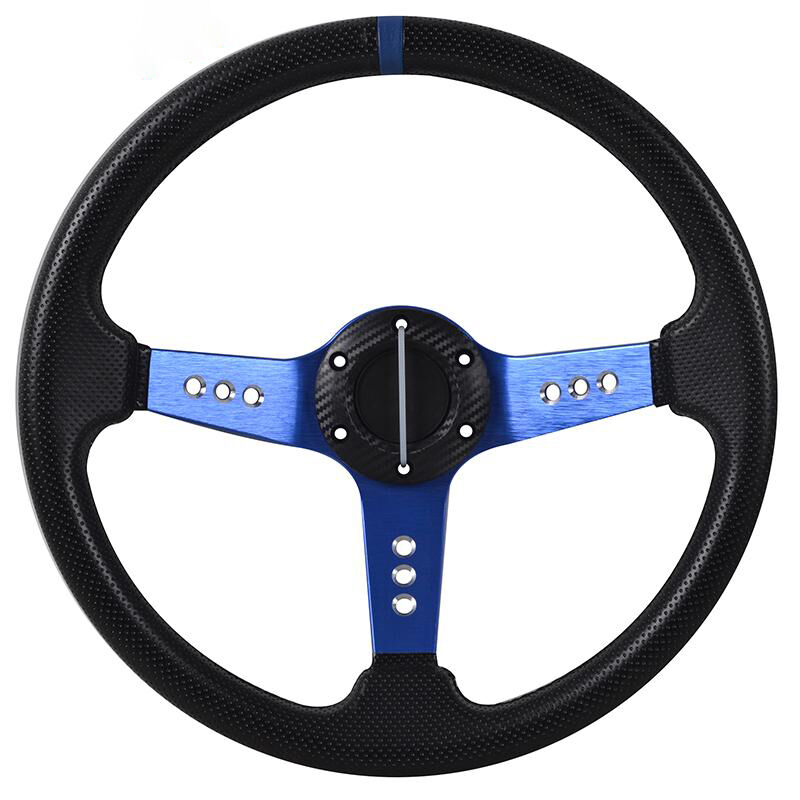 Universal 350MM PVC Steering Wheel Deep Dish Blue Spoke Horn Button & Emblem - SW-8916B-BL-BK