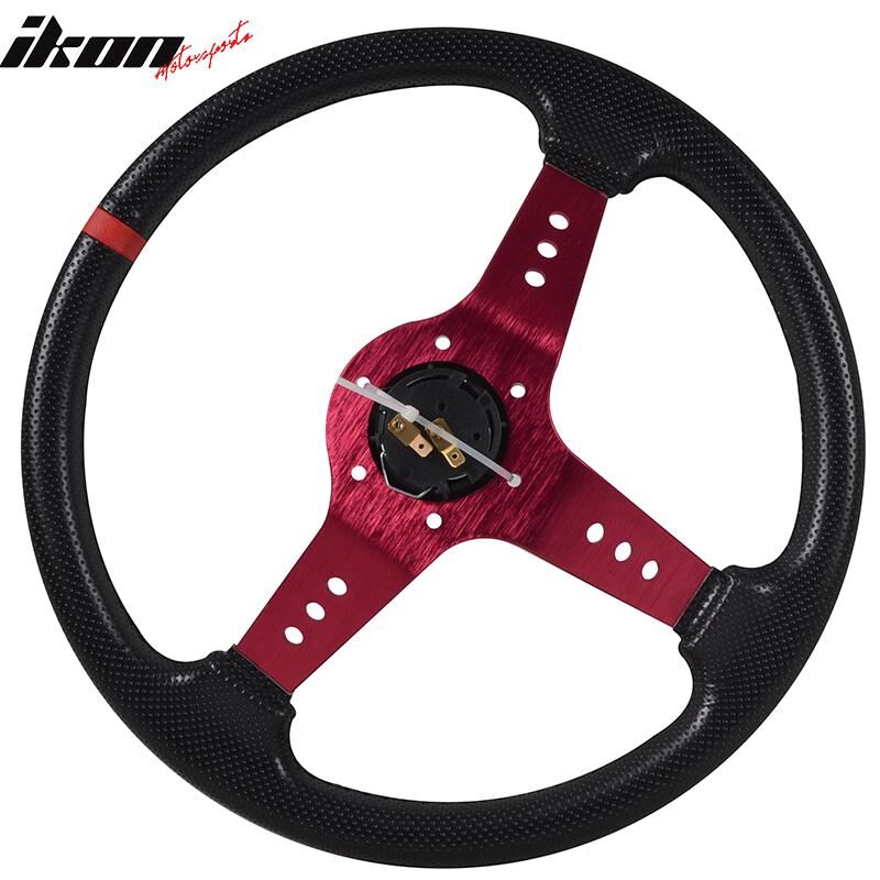 Universal 350MM PVC Steering Wheel Deep Dish Red Spoke Horn Button & Emblem
